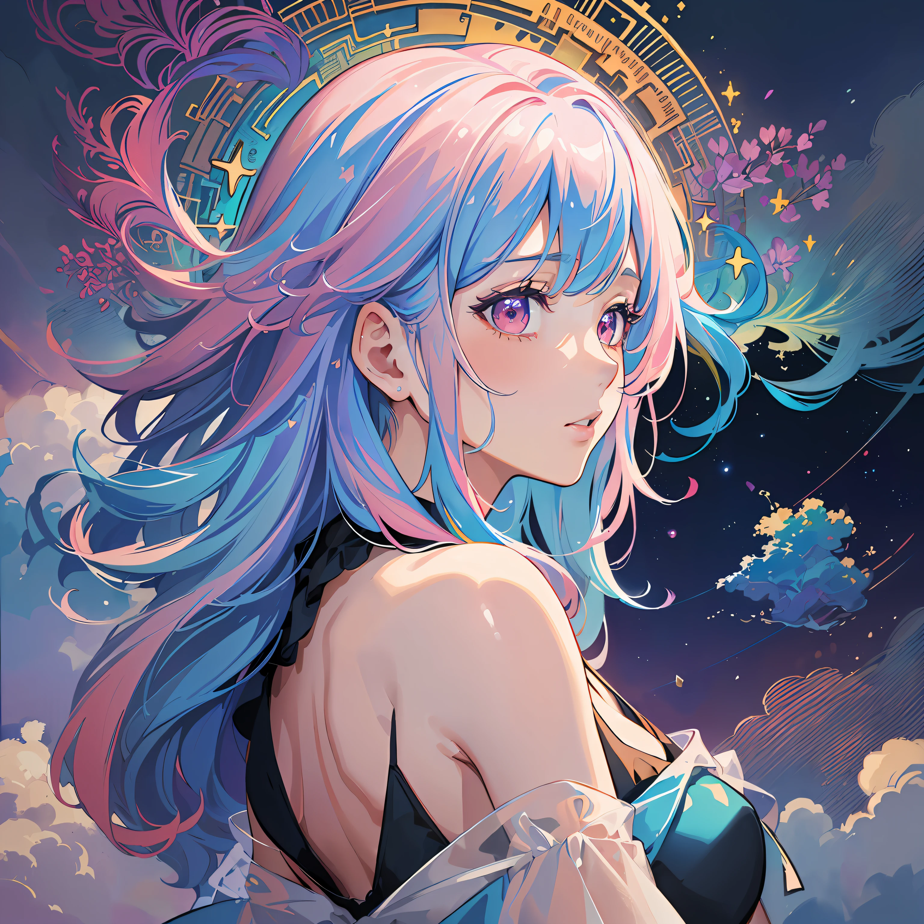 (masterpiece, top quality, best quality,watercolor (medium),official art, beautiful and aesthetic:1.2),(1girl:1.3), (fractal art:1.3),upper body, from side, looking at viewer,patterns,(rainbow color Hair,colorful hair,half blue and half pink hair:1.2),water,liquid, cloud,colorful, starry,stars, --auto