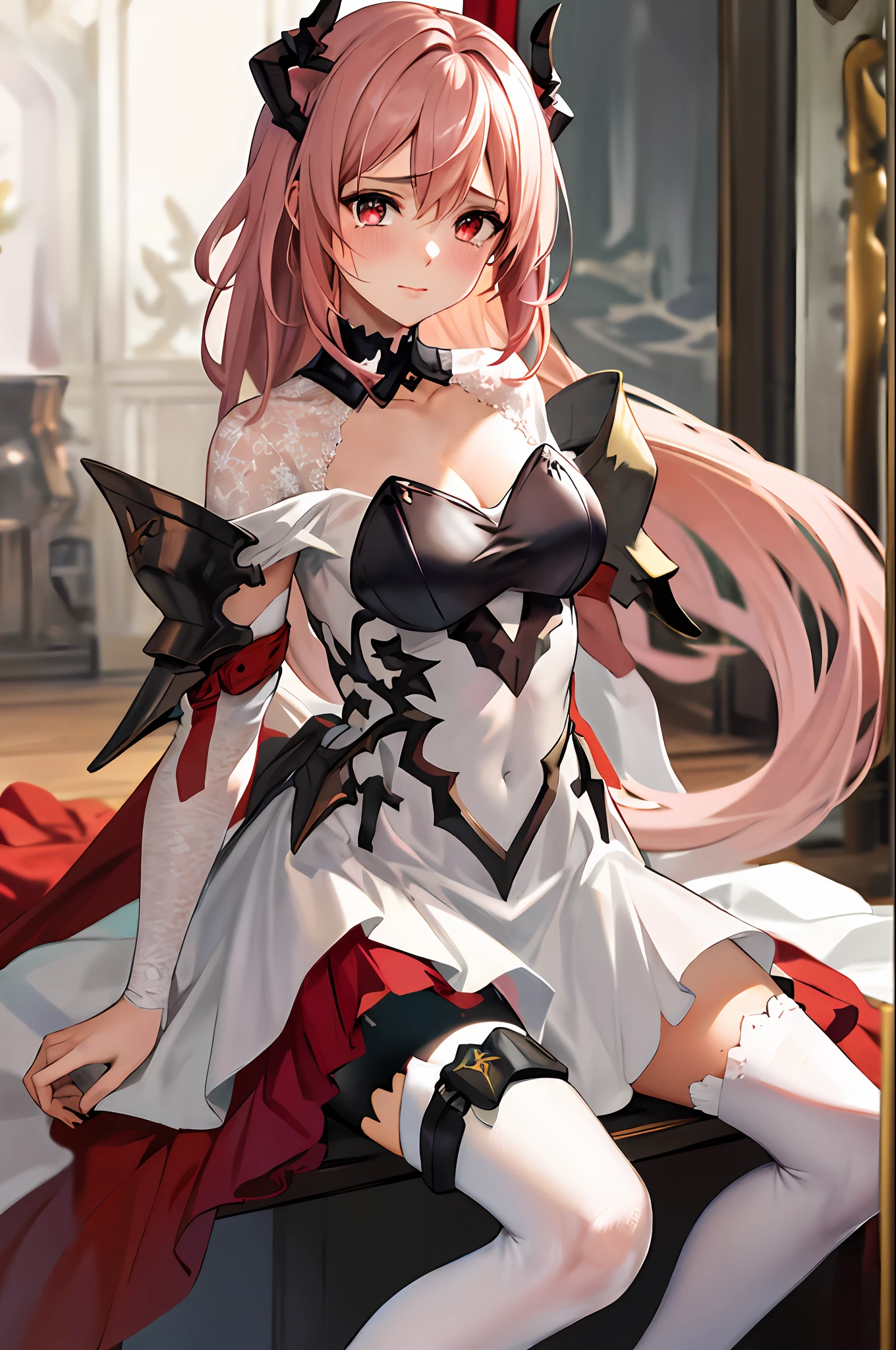 masterpiece, best quality, highres, 1girl, horns,(theresahead), (red eyes), (crying), white dress solo, shoulder armor, dress, very long hair, thigh strap, white dress, (holding big sword), (wearing steel greaves), (wearing steel gauntlets), (wearing chest plate), cleavage, pauldrons, white thighhighs, medium breasts, bangs, detached sleeves, sit on the chair