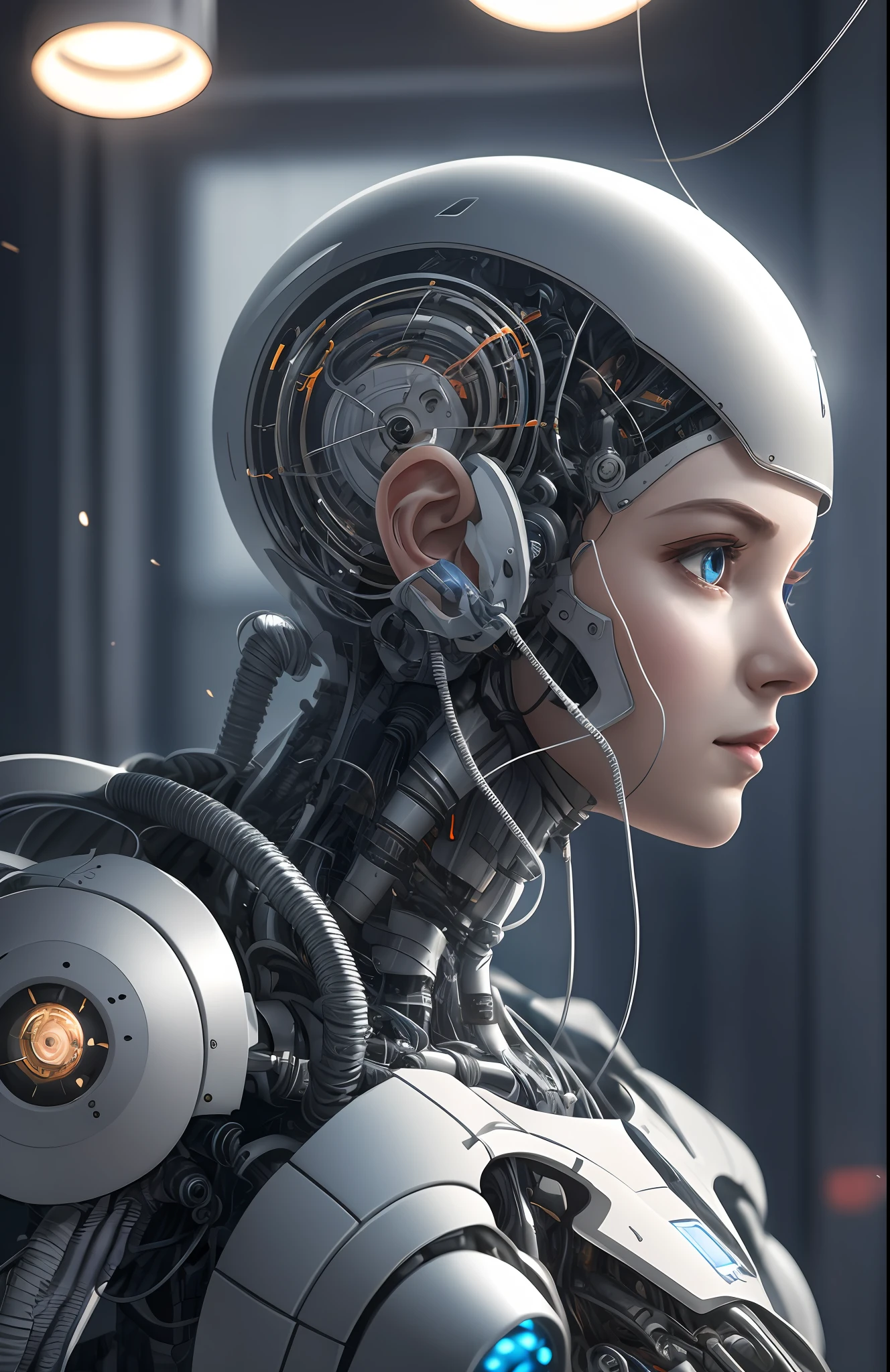 Complex 3d render ultra-detailed beautiful porcelain profile female android face, cyborg, robot parts, 150mm, beautiful studio soft lights, rim lights, vivid details, gorgeous cyberpunk, racing, surreal, anatomical , facial muscles, cable wires, microchip, elegant, beautiful background, octane rendering, HR Giger style, 8k, top quality, masterpiece, illustration, very delicate and beautiful, highly detailed, CG, uniform, wallpaper, ( Realistic, Photorealistic: 1.37), Awesome, Finely detailed, Masterpiece, Top quality, Official art, Highly detailed CG unity 8k wallpaper, Absurd, Incredibly absurd, Robot, Silver Halmet, Full body, Sitting