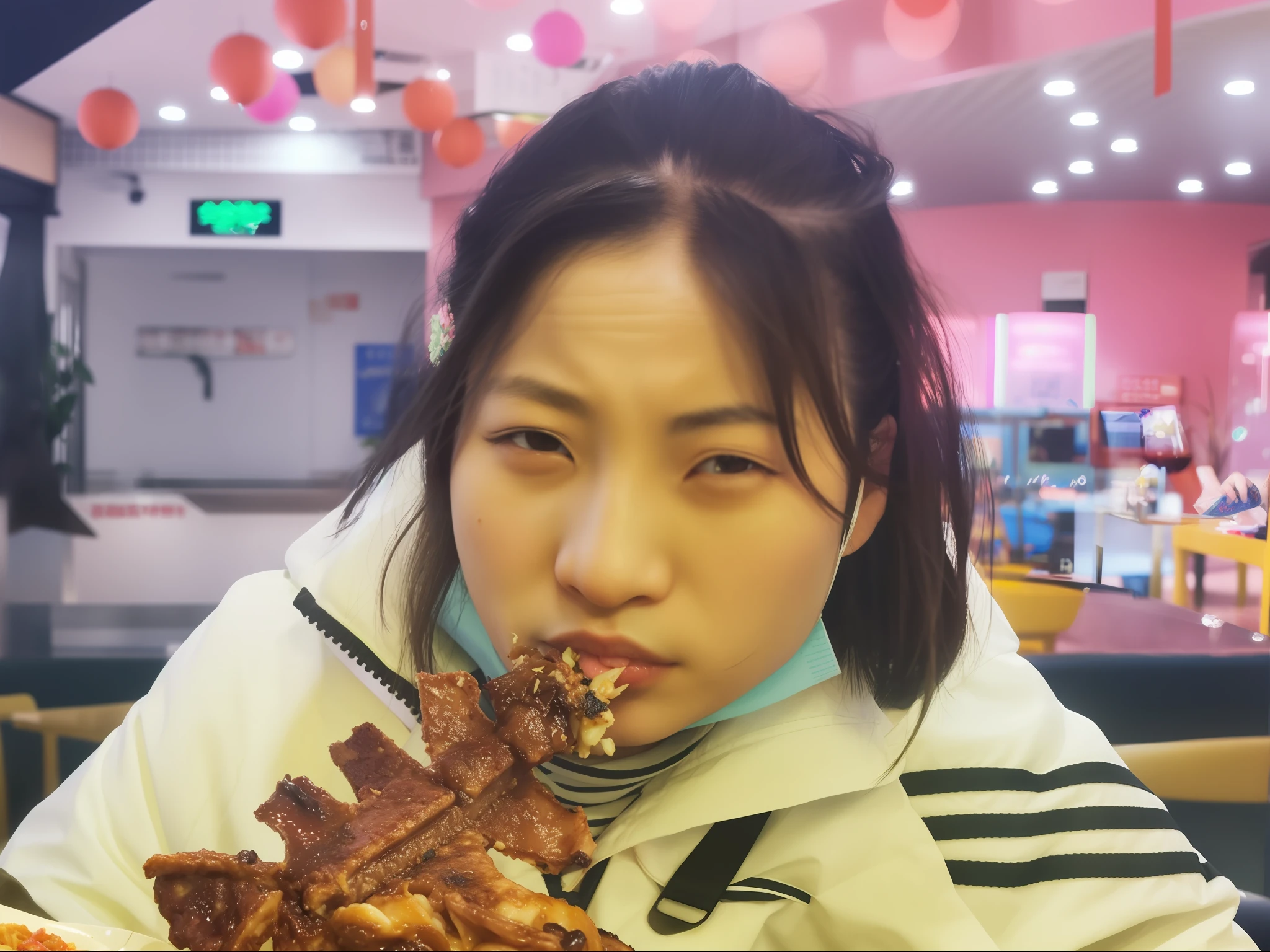 woman eating a large piece of food in a restaurant, jinyiwei, Qiu Fang, Li Zixin, wenfei ye, xiaofan zhang, xintong chen, Eat Zhuoxin, wei wang, xiang duan, Yun Ling, xue han, pengzhen zhang, xiaolong wang, Yan, 2 9 years old, qiangshu