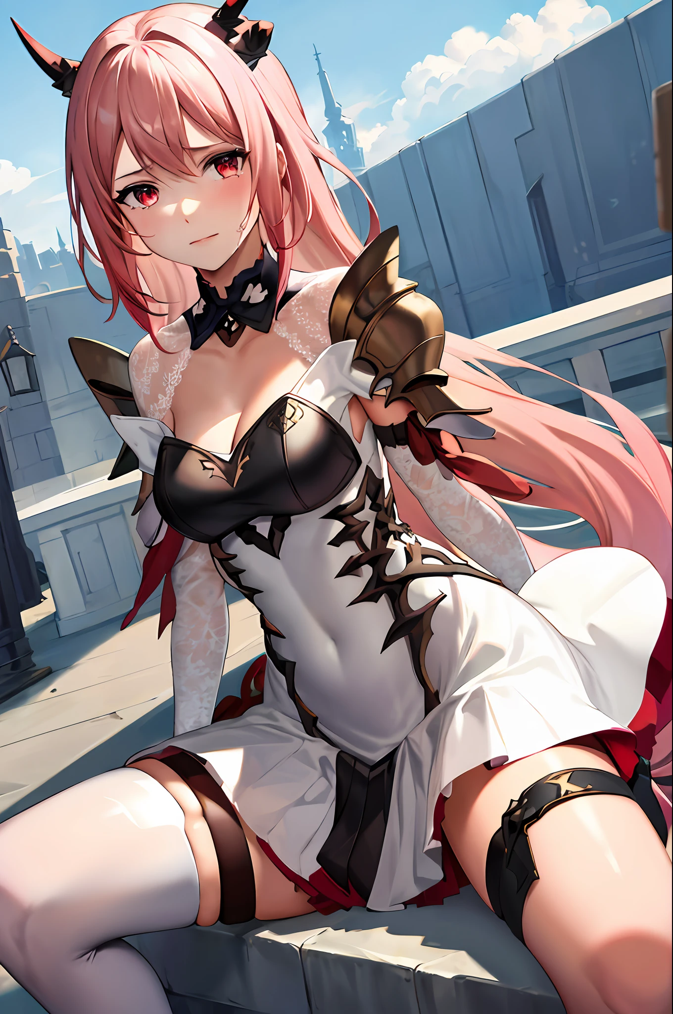 masterpiece, best quality, highres, 1girl, horns,(theresahead), (red eyes), (crying), white dress solo, shoulder armor, dress, very long hair, thigh strap, white dress, (holding big sword), (wearing steel greaves), (wearing steel gauntlets), (wearing chest plate), cleavage, pauldrons, white thighhighs, medium breasts, bangs, detached sleeves, sit on the chair