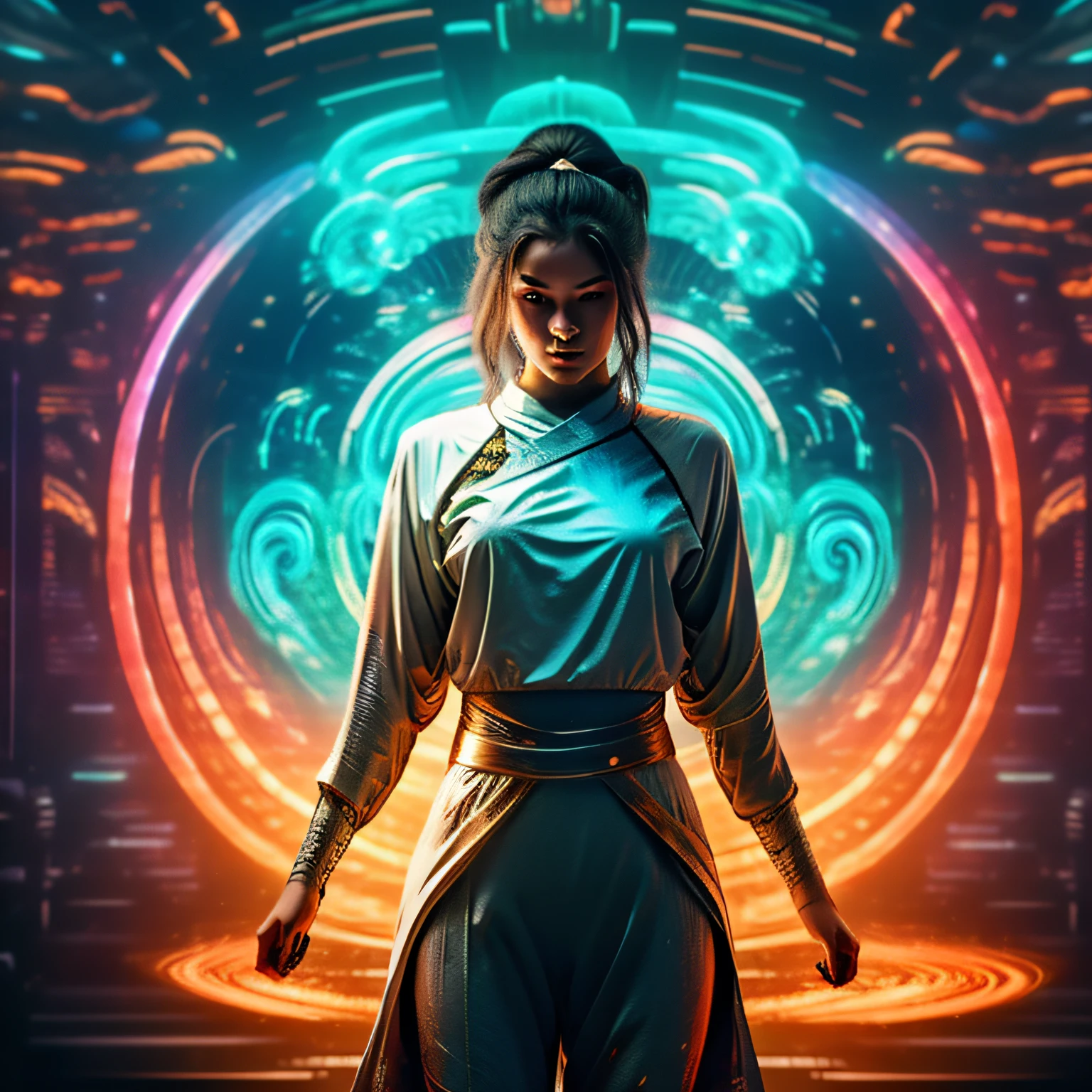 Uma imagem de uma mulher espacial hipnotizante vestindo um futurista, tight clothing in the middle of a cosmic nebula. A cena apresenta sua beleza radiante em meio a cores rodopiantes e maravilhas celestiais, evoking a sense of sensuality and supernatural allure.