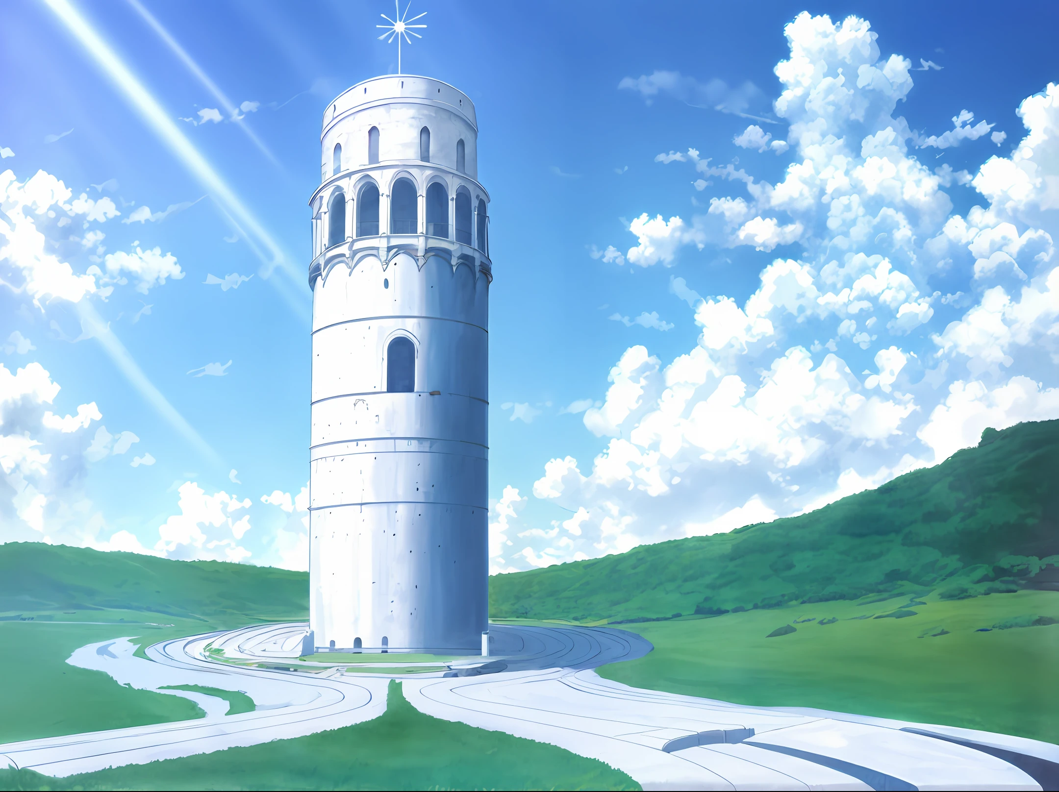 Green flat steppe，Blue sky，rays of sunshine，There are no white clouds，In the distance there is a tall white tower，streamline，Smooth surface，White ceramic-like texture，There is no attachment，There are no doors or windows