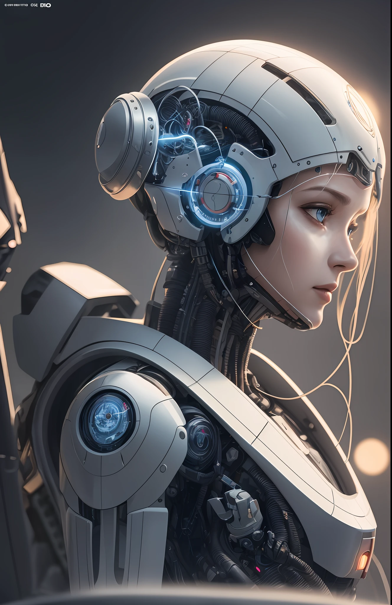 Complex 3d render ultra-detailed beautiful porcelain profile female android face, cyborg, robot parts, 150mm, beautiful studio soft lights, rim lights, vivid details, gorgeous cyberpunk, racing, surreal, anatomical , facial muscles, cable wires, microchip, elegant, beautiful background, octane rendering, HR Giger style, 8k, top quality, masterpiece, illustration, very delicate and beautiful, highly detailed, CG, uniform, wallpaper, ( Realistic, Photorealistic: 1.37), Awesome, Finely detailed, Masterpiece, Top quality, Official art, Highly detailed CG unity 8k wallpaper, Absurd, Incredibly absurd, Robot, Silver Halmet, Full body, Sitting