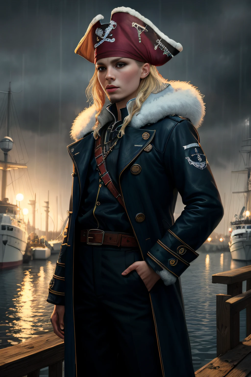 medieval (pirate:1.2) blonde girl with navy blue coat belts straps pants standing on the docks in a (crowd of sailors:1.1) leather and fur winter cold weather working beautiful cloudy sky bright morning light (foggy:1.1) (raining:1.1), (masterpiece:1.2) (illustration:1.1) (best quality:1.2) (detailed) (intricate) (8k) (HDR) (wallpaper) (cinematic lighting) (sharp focus)