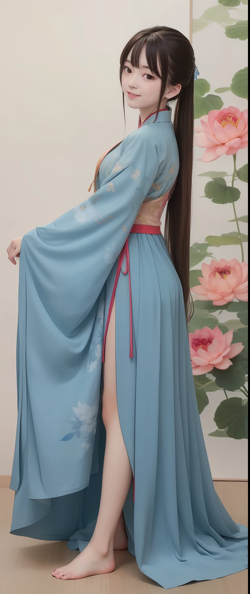 ((4k,masterpiece,best quality)), shuimobysim, Traditional chinese painting, lotuses, Hanfu, maxiskit, Dress conservatively 1girl, solo, blue long hair, ssmile, squatt,The barefoot,Ah hey Yan