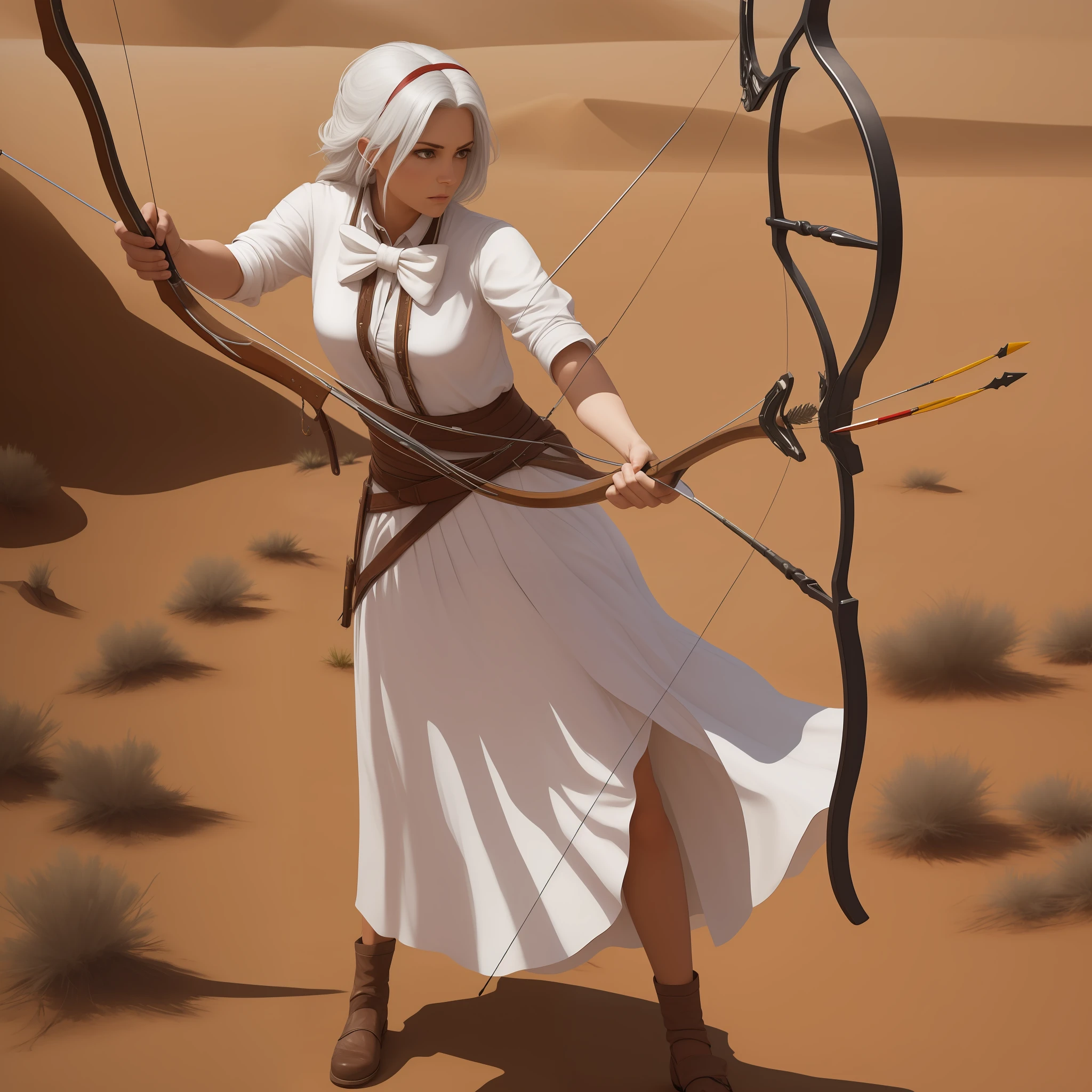 perverted woman,White hair and green eyes,white clothes,Armed with a bow and arrow,In the desert --auto