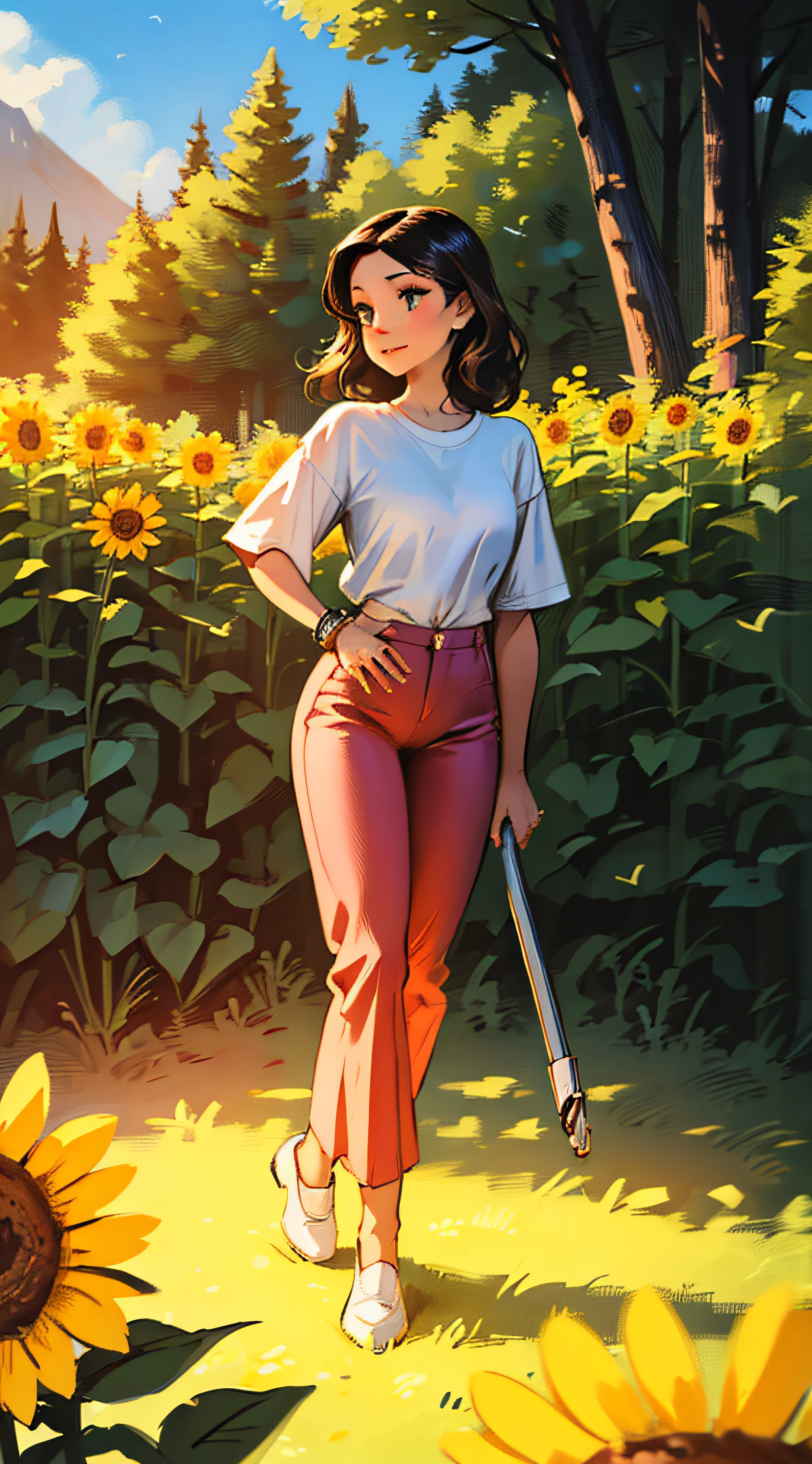 Uma morena de olhos verdes, cabelos amarelos longos, blusa amarela e saia branca, tamanco rosa, mulher branca com cabelo vermelho curto, blusa verde, white pants and pink shoes, uma mulher negra com longos cabelos brancos, blusa branca, red pants and shoes green, three women beside each other, Em uma estrada de terra com uma motocicleta Ducati vermelha e preta, piso, pine trees, Eucaliptos, rosas vermelhas, Sunflowers, birds, nuvem, Folhas voando no ar, vegetation, cores brilhantes, brilhante,Realistic,ultradetalhado,perfect features,pele lisa realista,Rosto realista,imagem de desenho,cardboard,animado,desenho, --auto