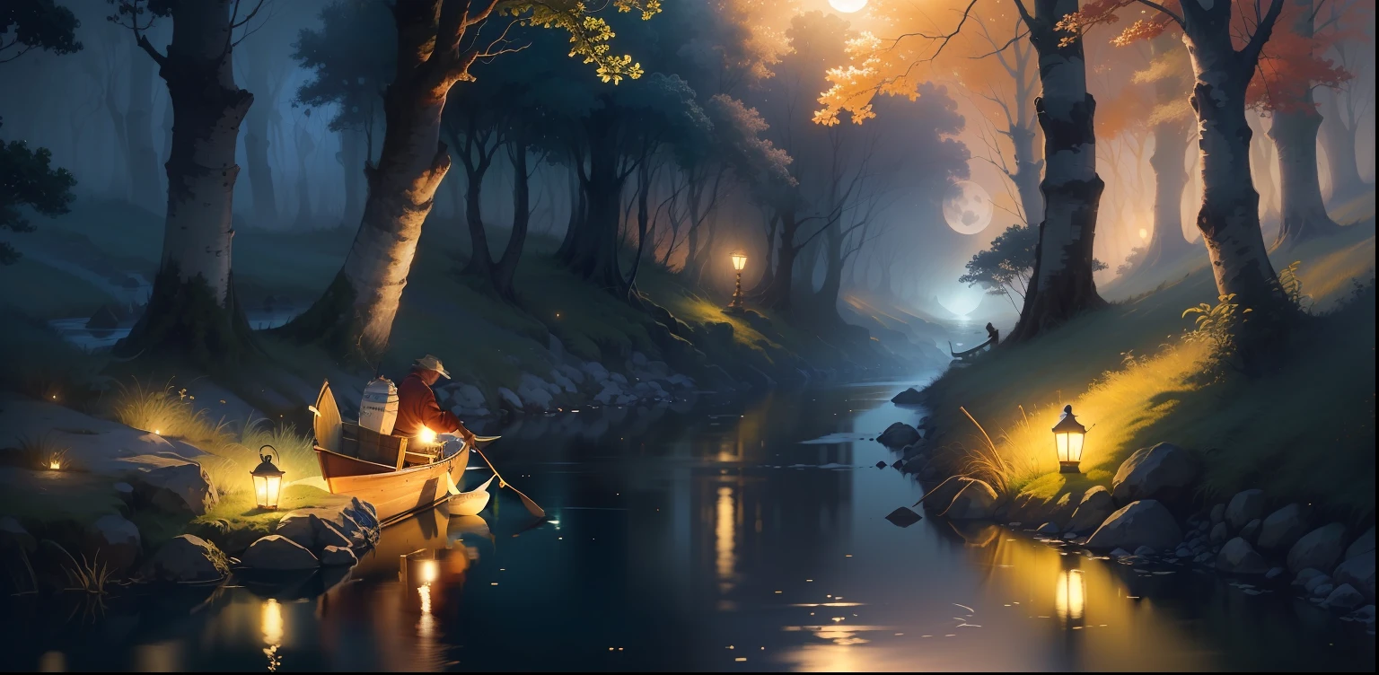 Moonlight river water fisherman in the distance