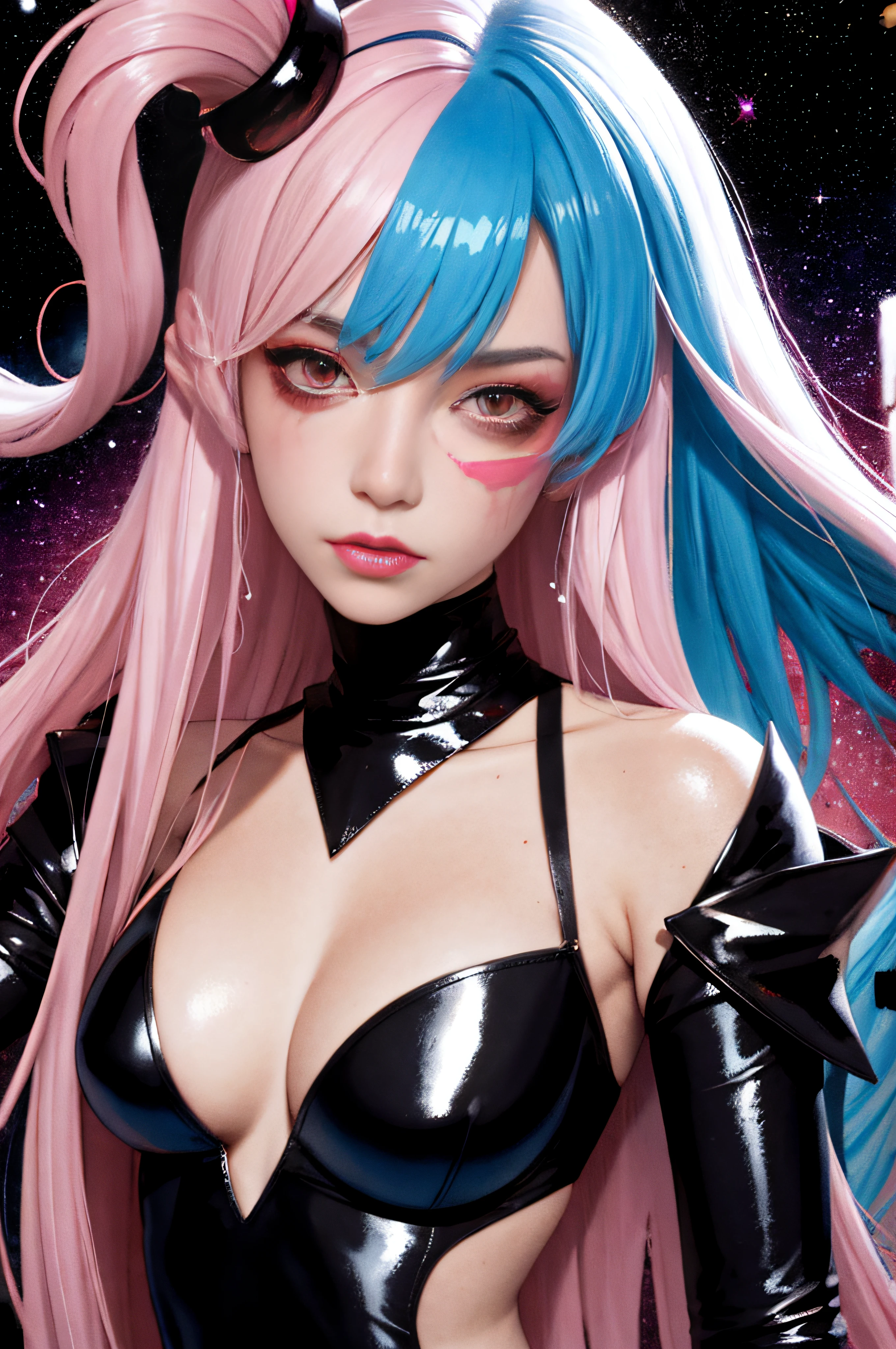 goddess of eternity with pink and blue hair, fading into the cosmos, neo punk, inkpunk, jem and the holograms, pop surrealism, in the style of frank moth, carne griffiths and adrian ghenie, sharp focus, messy, highly detailed,