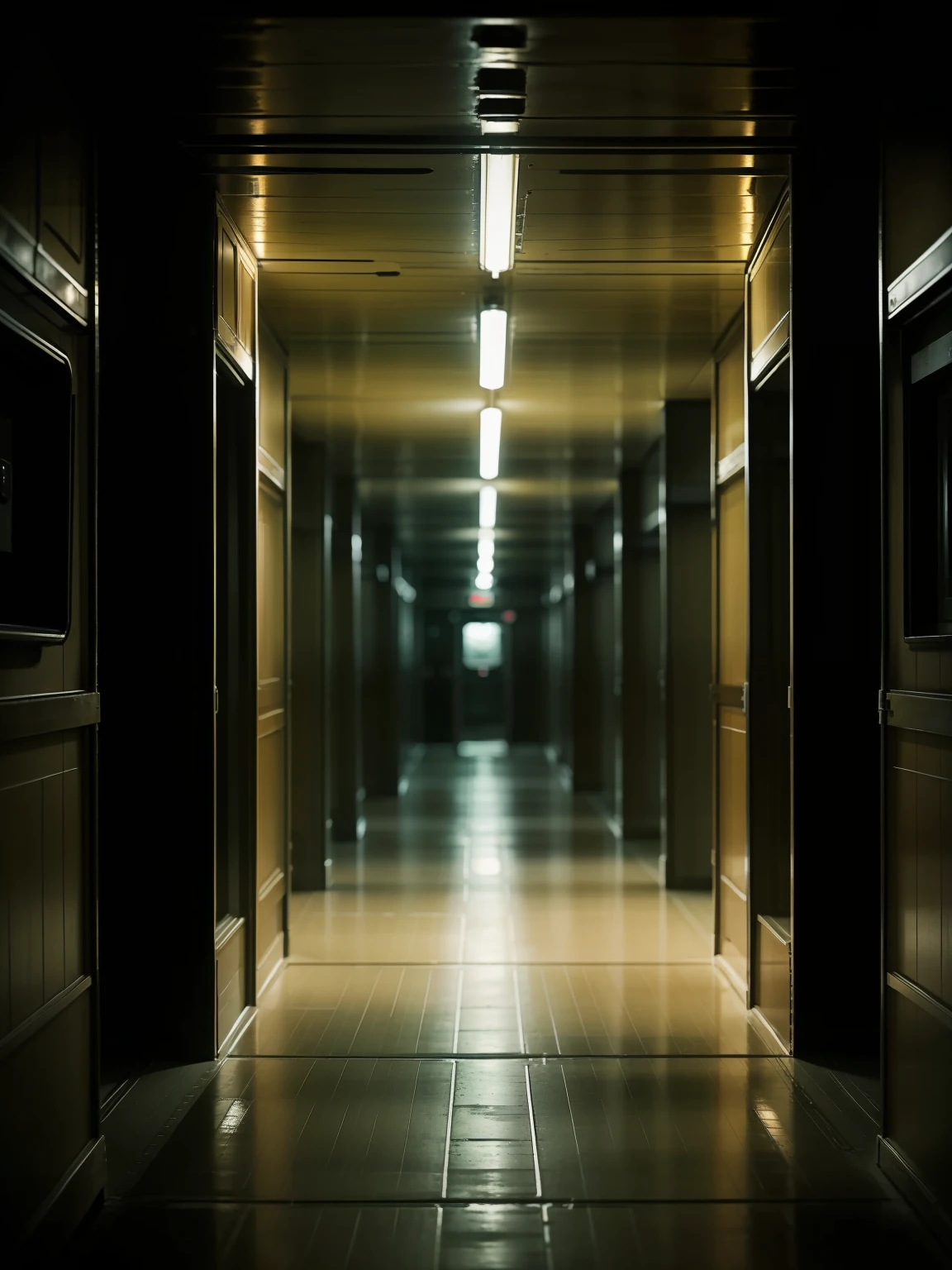 Gloomy and dark corridor inside a huge spaceship.  Soft focus and dynamic range in certain areas in the corridor
