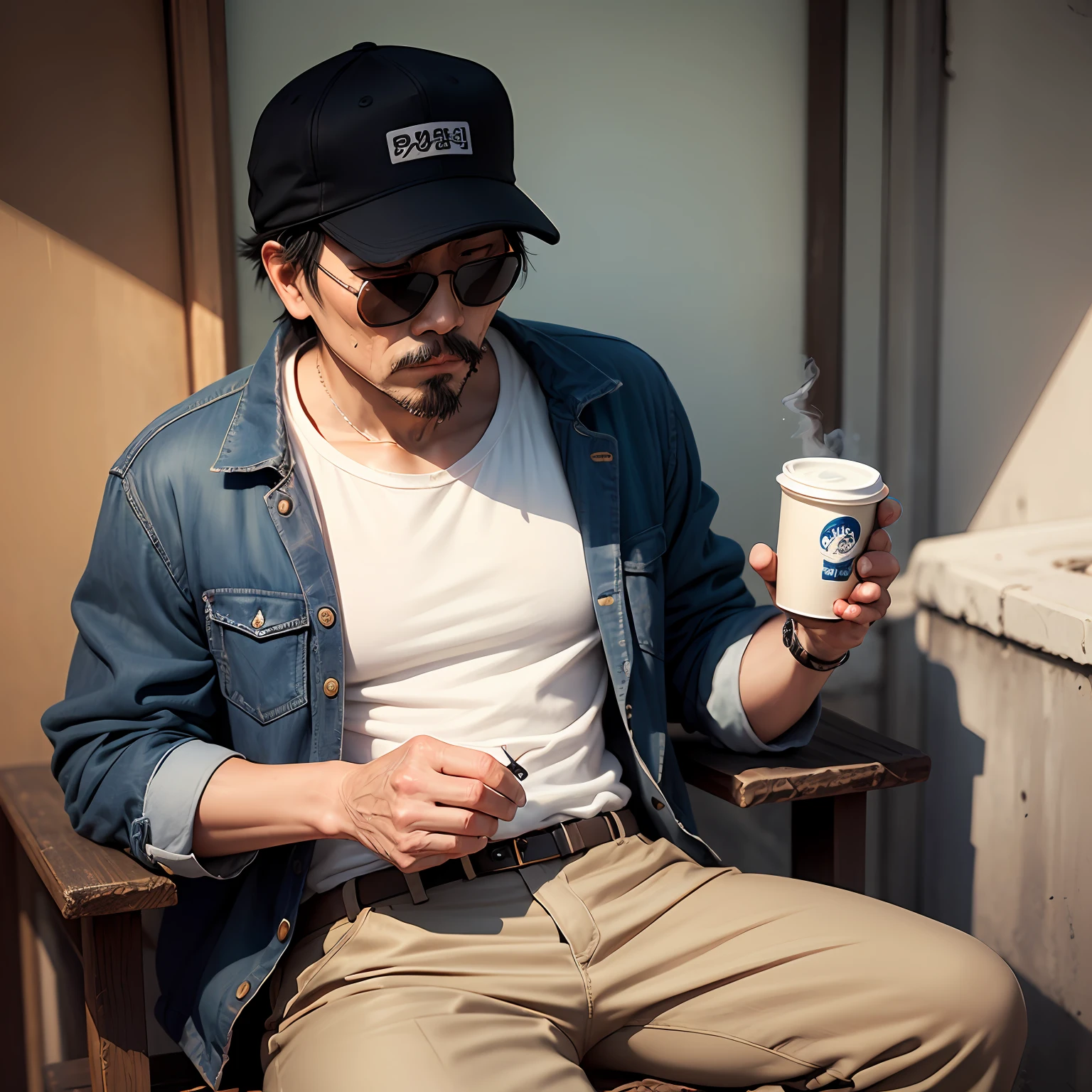 Japanese man with very black sunglasses, white shirt, blue jacket, beige pants, messy black hair, white straight brim hat, shaved beard, big nose, ugly, beggar, dirty, smoking weed --auto