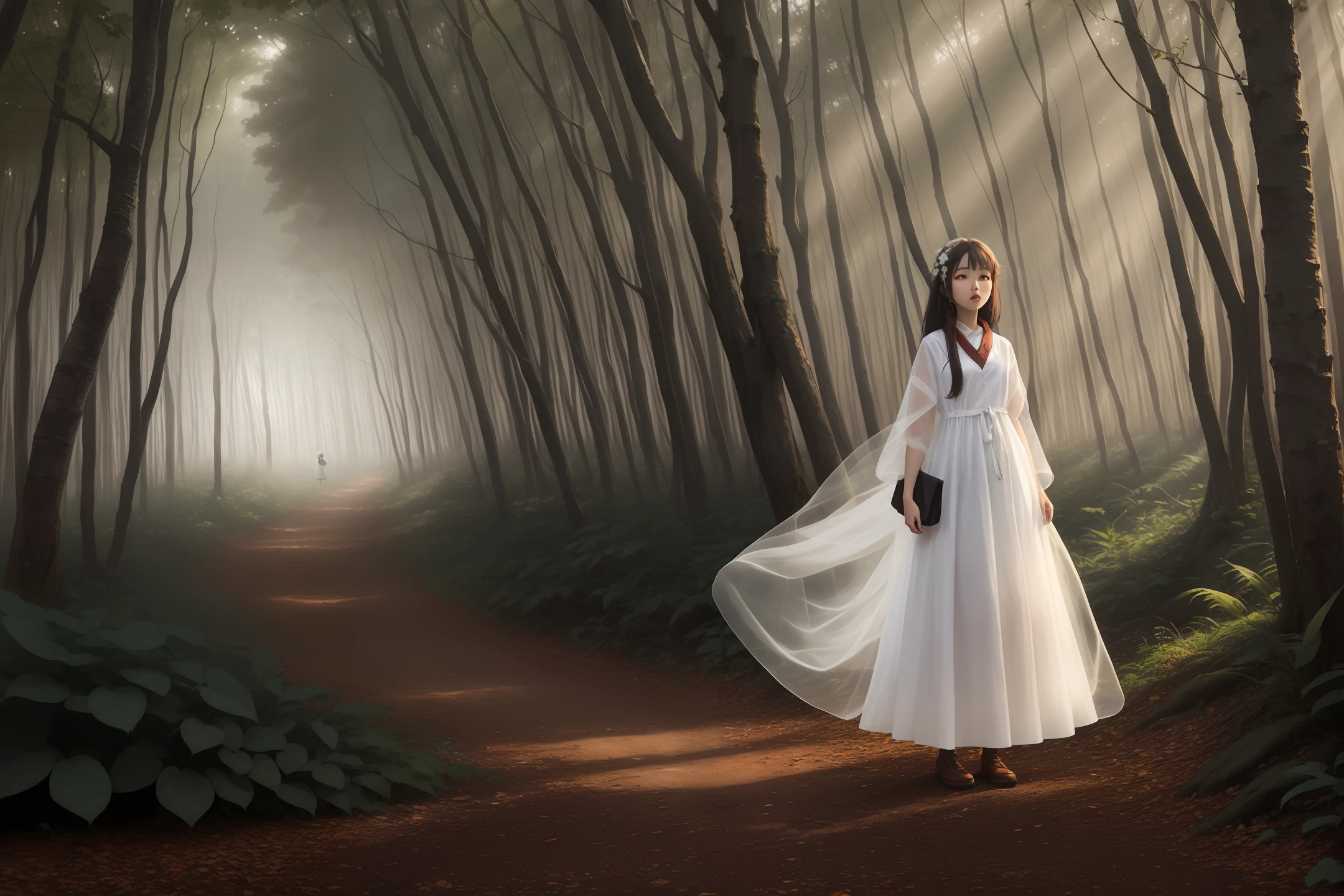 Early morning forest girl dressed in white translucent silk