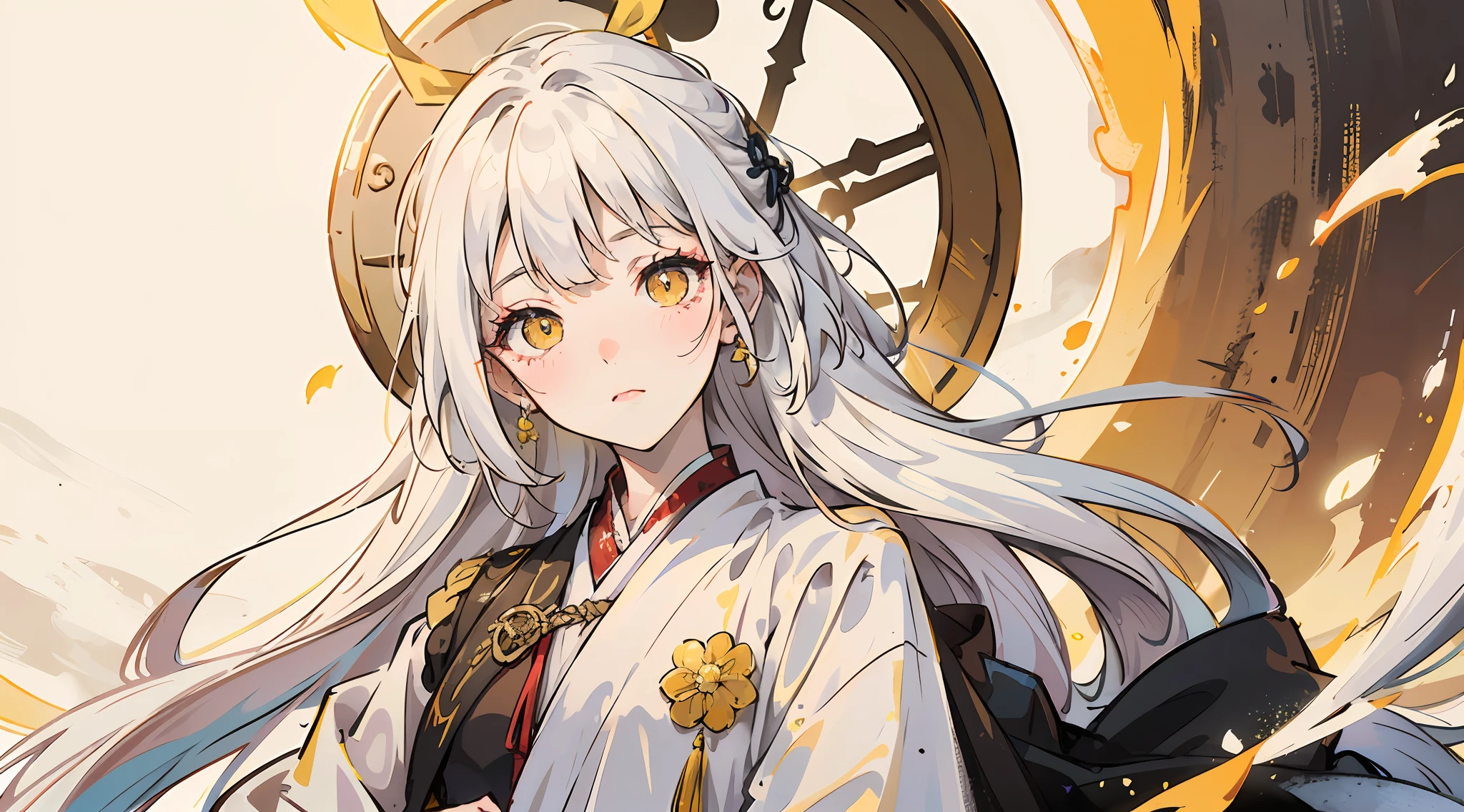 An assassin girl, White color hair, White-colored skin, Sunnyday, Ancient wind, Hanfu, White color hair, handpainted, daggers, Blush, Bright pupils, Amber eyes, Yellow eyes, ribbon, Anime, Cinematic lighting, three sided view, 巨作, High details, High quality, A high resolution --auto