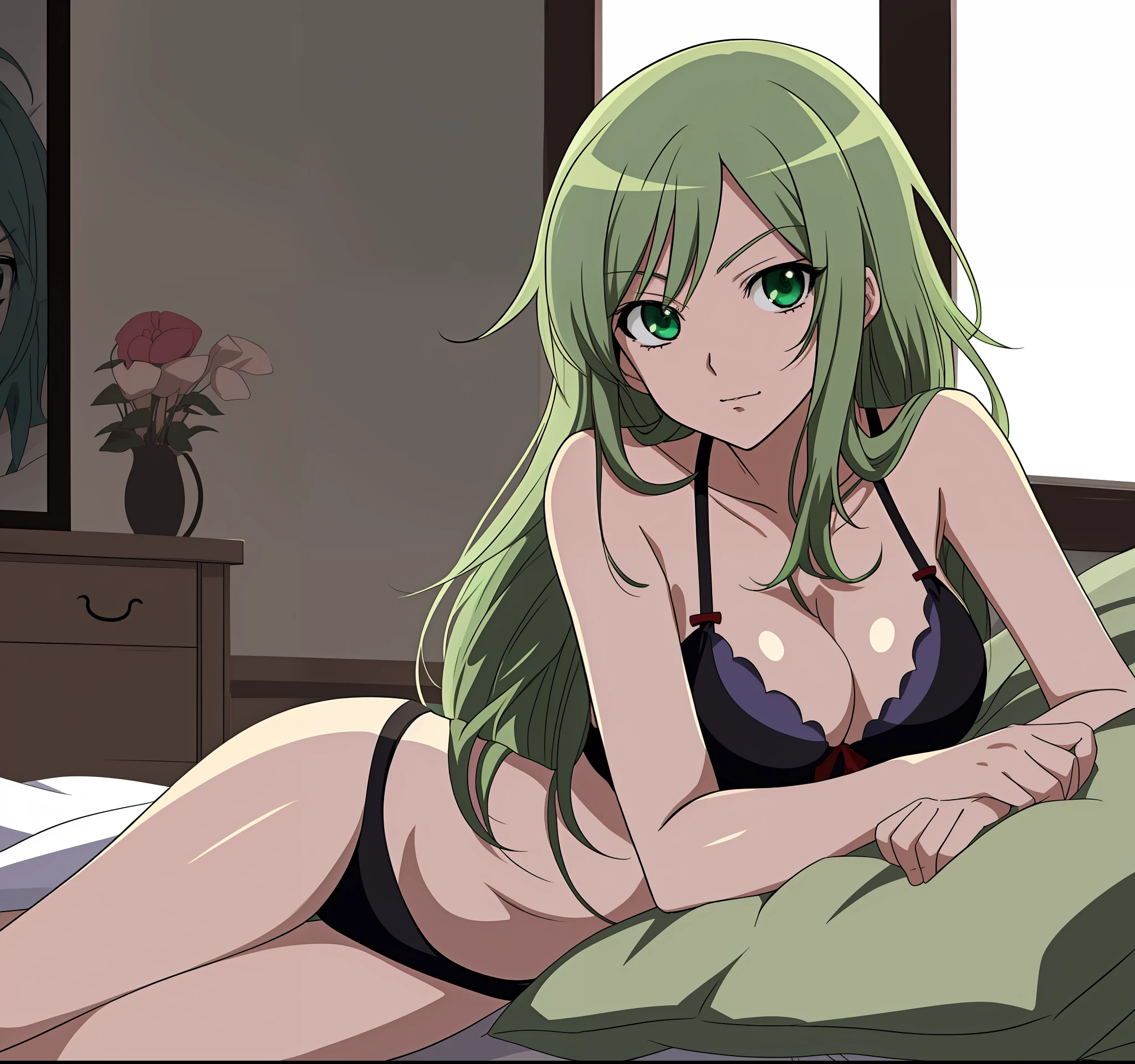 anime girl laying on bed in black underwear and panties with green hair, seductive anime girl, anime best girl, rogue anime girl, attractive anime girl, beautiful alluring anime , anime moe artstyle, sexy girl with green eyes, marin kitagawa fanart, rei hiroe, (anime girl), she's on my bed in bikini, sitting on the bed