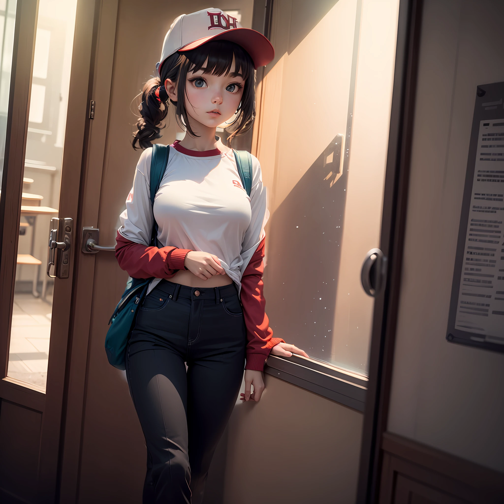 It is dark all around，The girl is located next to an open door on the outside of the classroom，On the right-hand side is the open door，On the left-hand side is a row of windows，Outside the window was pitch black