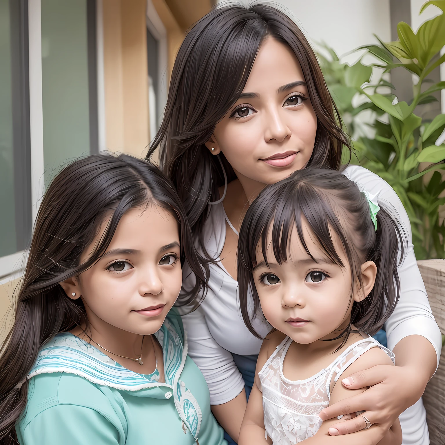 Mulher parda, cabelo preto, olhos castanhos, sorriso modesto, subtle facial features, With a baby --auto
