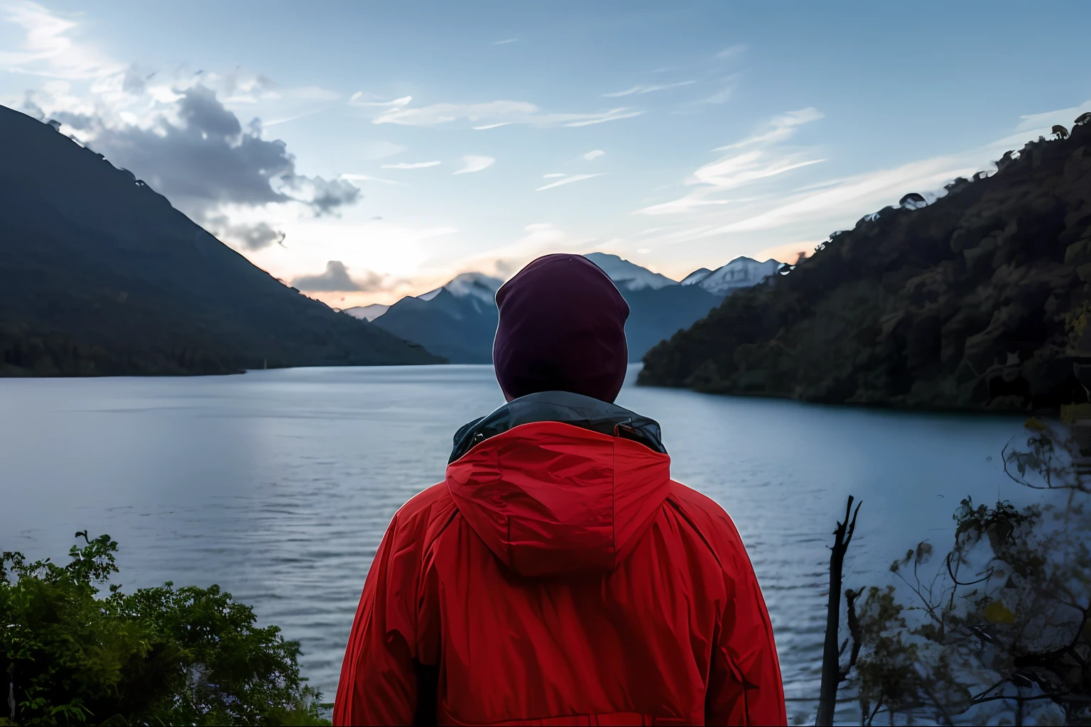 there is a man standing on a cliff looking at a lake, Olhando para as montanhas, facing away from camera, facing away from camera, looking at sunset, usando um capuz vermelho, vestindo jaqueta vermelha, gazing at the water, usando um capuz escarlate, olhando para longe, Desviando o olhar do espectador, staring into the distance
