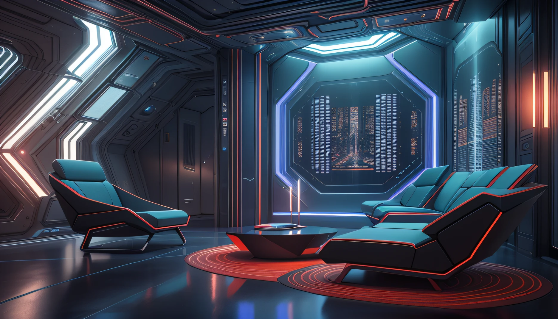 There is a room with sofa and chairs, a room with light, detailed matte paintings by senior environmental artists, 3D renderings inspired by Syd Mead, digital art, futuristic room, sci-fi interior, sci-fi room, futuristic interior, sci-fi engine room living room, futuristic setting, octane rendering sci-fi, cyberpunk bedroom at night, futuristic room background, surreal sci-fi set design, shutter, futuristic, futuristic hall, futuristic interior, futuristic interior, sci-fi tech, futuristic space, futuristic room background, volumetric lighting futuristic, futuristic room