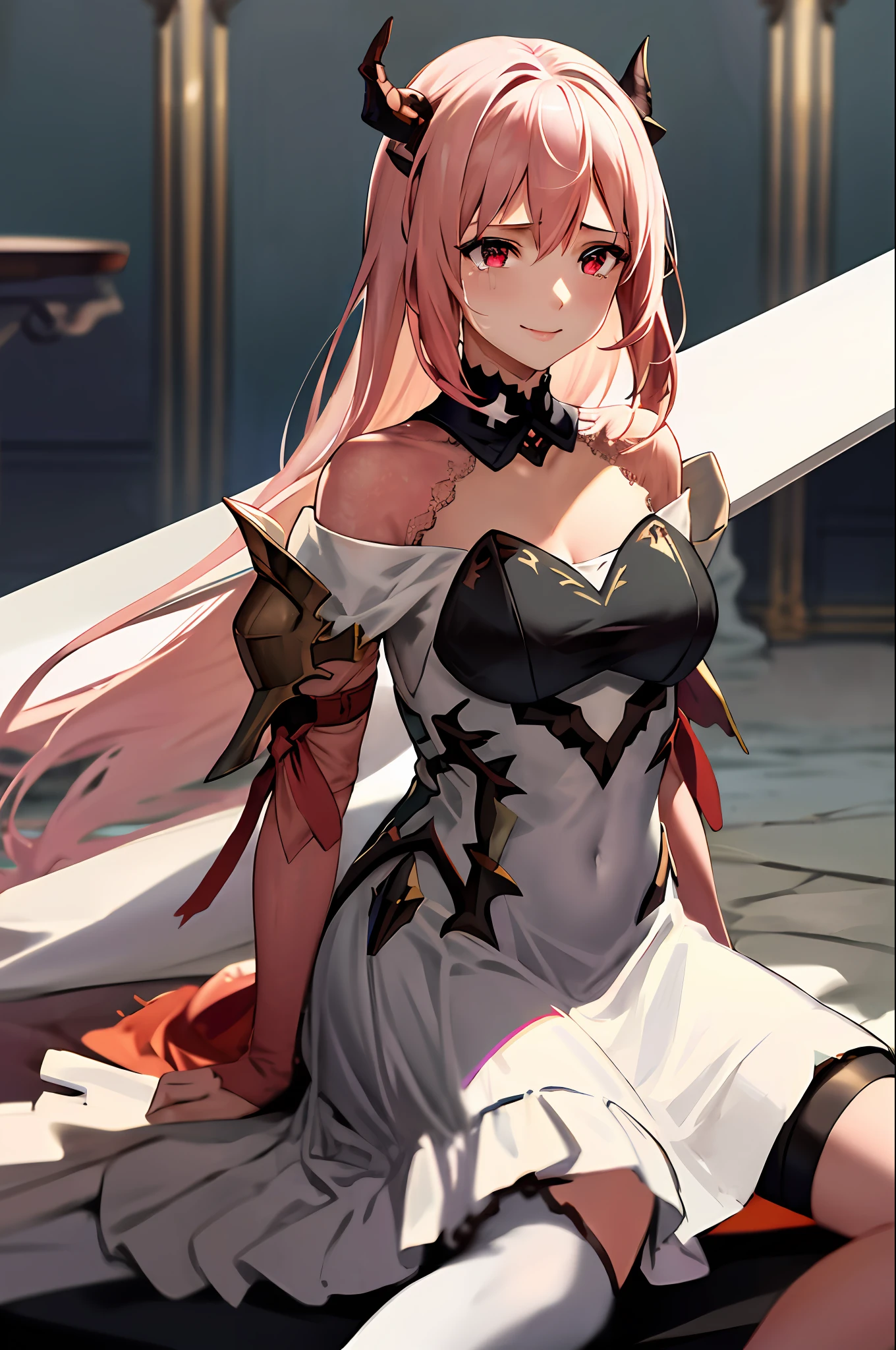 masterpiece, best quality, highres, 1girl, horns,(theresahead), (red eyes), (crying), white dress solo, shoulder armor, dress, very long hair, thigh strap, white dress, (holding big sword), (wearing steel greaves), (wearing steel gauntlets), (wearing chest plate), cleavage, pauldrons, white thighhighs, medium breasts, bangs, detached sleeves, sit on the chair, smiling, drink a tea