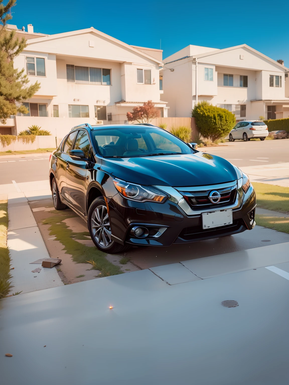 Doomsday scene with orange sky and a comet falling in the sky. The car is preserved and without any scratches. The car is a 2015 Nissan Sentra and the characteristics of that model must be maintained --auto