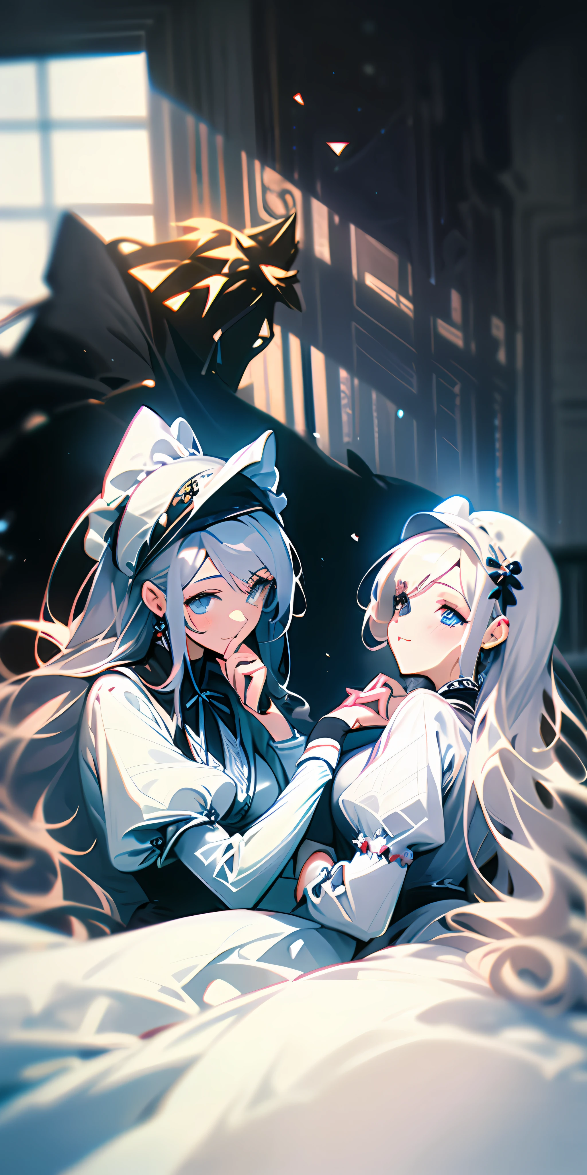 (tmasterpiece,best qualtiy),Two long white-haired girls lay on the warm bed and looked at each other affectionately,her hand under her chin,warmly lit,Black and white maid outfit,Blurred foreground