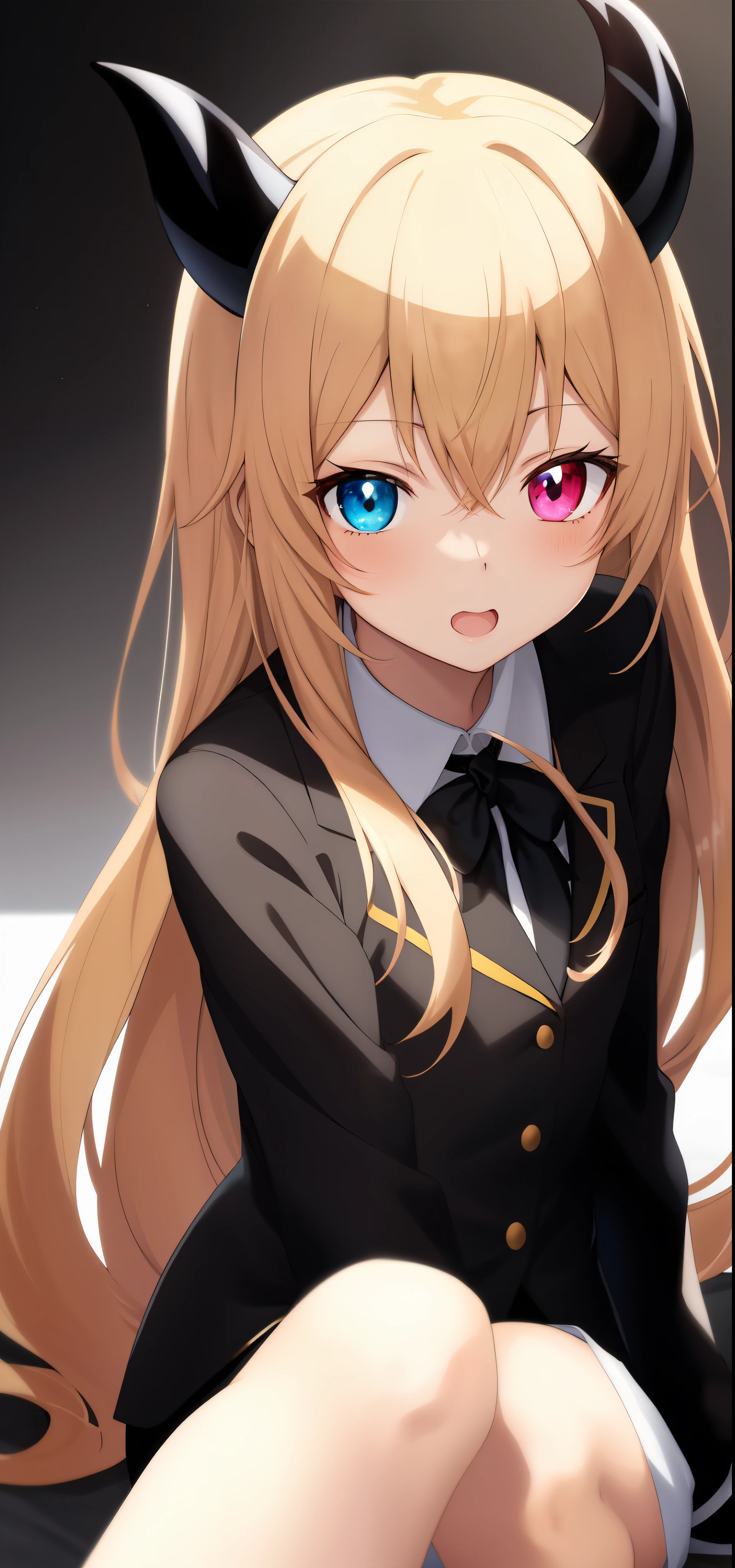 Single anime girl,There is a pair of brown horns on the head,and red and blue heterochromic eyes, Cute natural anime face, Long brownish-yellow hair,White Skin Skin,Under the combination of a white shirt and a black tie,A short black band is tied around the neck,Front styling of M-shaped forehead