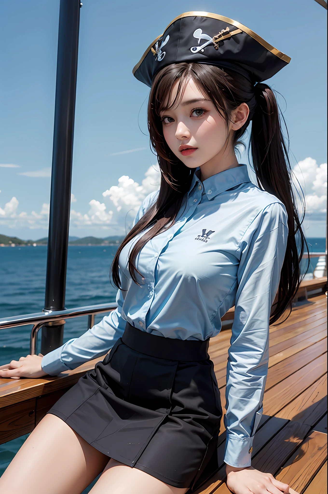 Pirate hat,On the deck of a luxury cruise ship,mast,buoy,Girl posing for photo in loose sky blue cartoon shirt and short black skirt,Slim girl model,ff Tifa,24 years old female model,twin ponytails,Unilateral bangs,