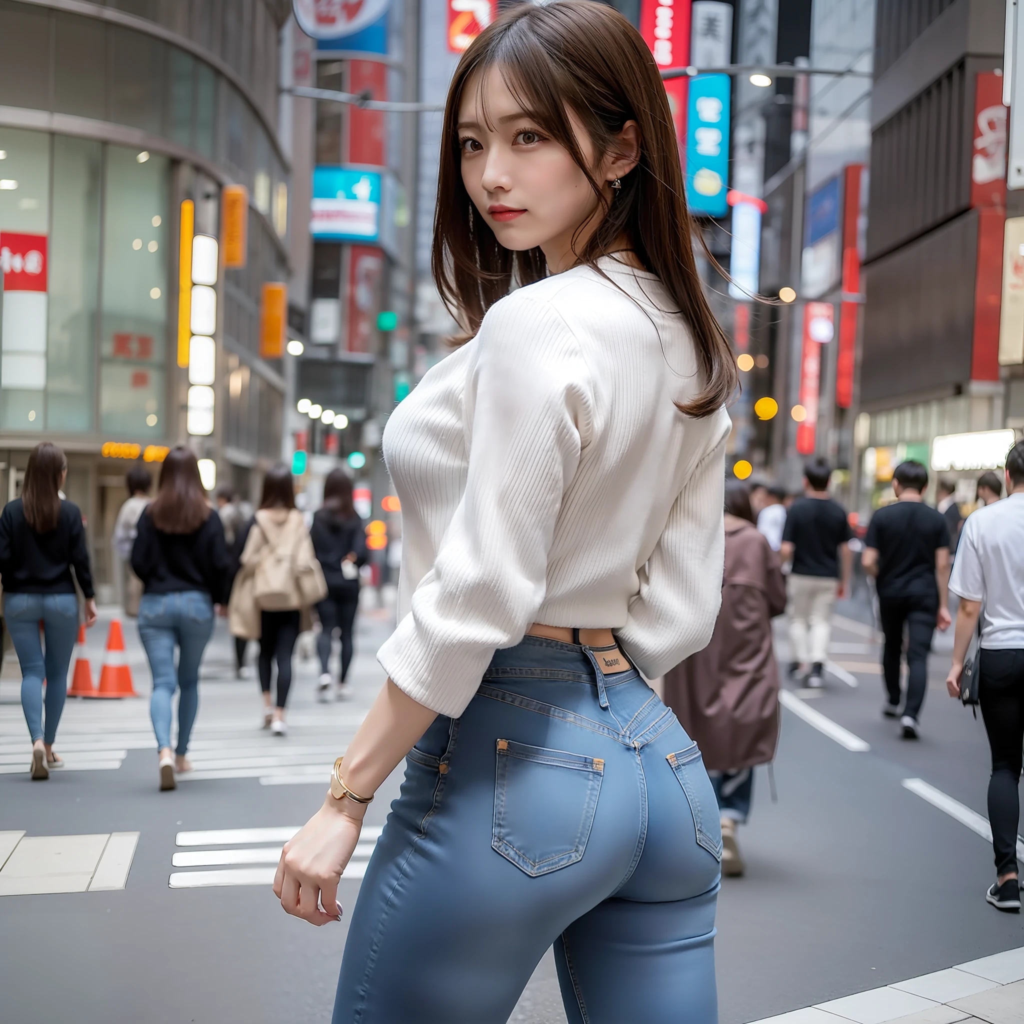 Very big ass Skinny jeans Tight-fitting clothes Walking in the streets of Tokyo Older sister with a beautiful face Jeans with an emphasis on the shape of the buttocks Perfect body High resolution