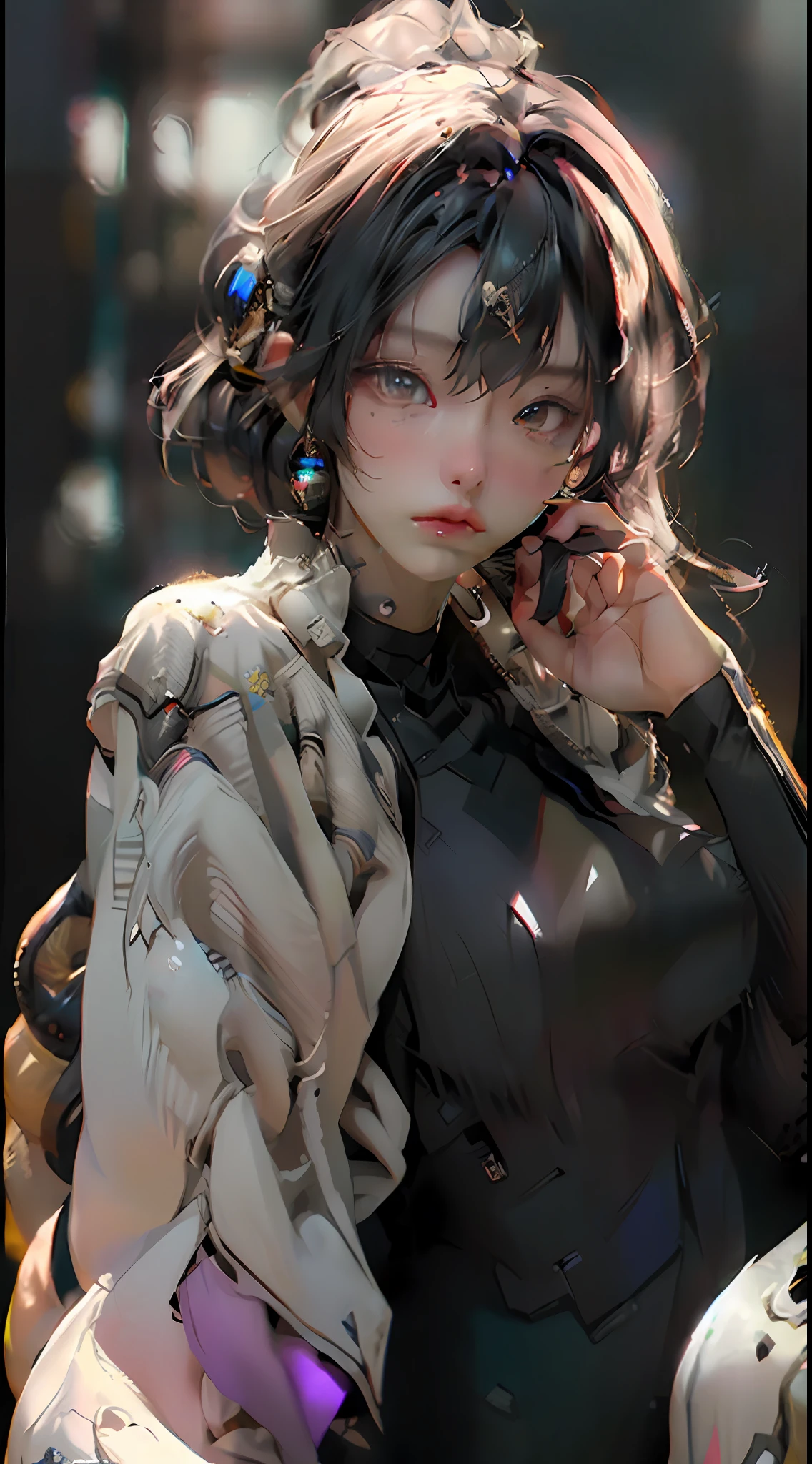 ((Best quality)), ((masterpiece)), (detailed:1.4), 3D, an image of a beautiful cyberpunk female,HDR (High Dynamic Range),Ray Tracing,NVIDIA RTX,Super-Resolution,Unreal 5,Subsurface scattering,PBR Texturing,Post-processing,Anisotropic Filtering,Depth-of-field,Maximum clarity and sharpness,Multi-layered textures,Albedo and Specular maps,Surface shading,Accurate simulation of light-material interaction,Perfect proportions,Octane Render,Two-tone lighting,Wide aperture,Low ISO,White balance,Rule of thirds,8K RAW,