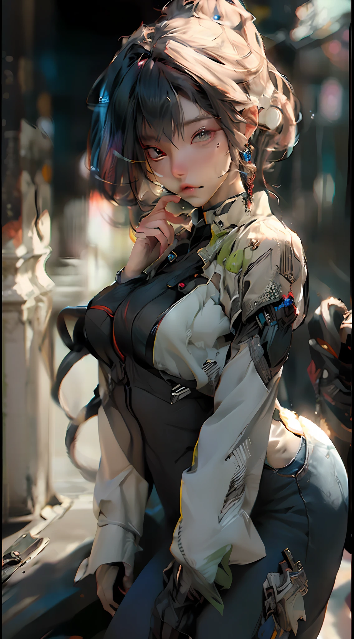 ((Best quality)), ((masterpiece)), (detailed:1.4), 3D, an image of a beautiful cyberpunk female,HDR (High Dynamic Range),Ray Tracing,NVIDIA RTX,Super-Resolution,Unreal 5,Subsurface scattering,PBR Texturing,Post-processing,Anisotropic Filtering,Depth-of-field,Maximum clarity and sharpness,Multi-layered textures,Albedo and Specular maps,Surface shading,Accurate simulation of light-material interaction,Perfect proportions,Octane Render,Two-tone lighting,Wide aperture,Low ISO,White balance,Rule of thirds,8K RAW,