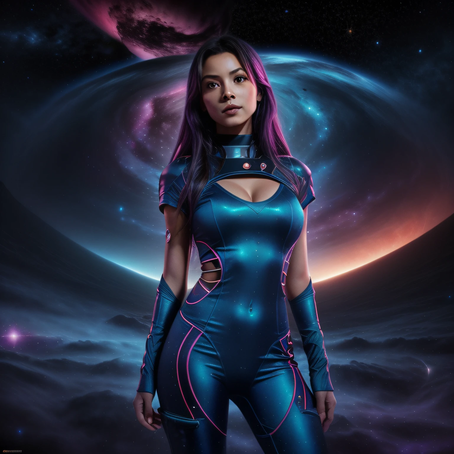Uma imagem de uma mulher espacial hipnotizante vestindo um futurista, tight clothing in the middle of a cosmic nebula. A cena apresenta sua beleza radiante em meio a cores rodopiantes e maravilhas celestiais, evoking a sense of sensuality and supernatural allure.