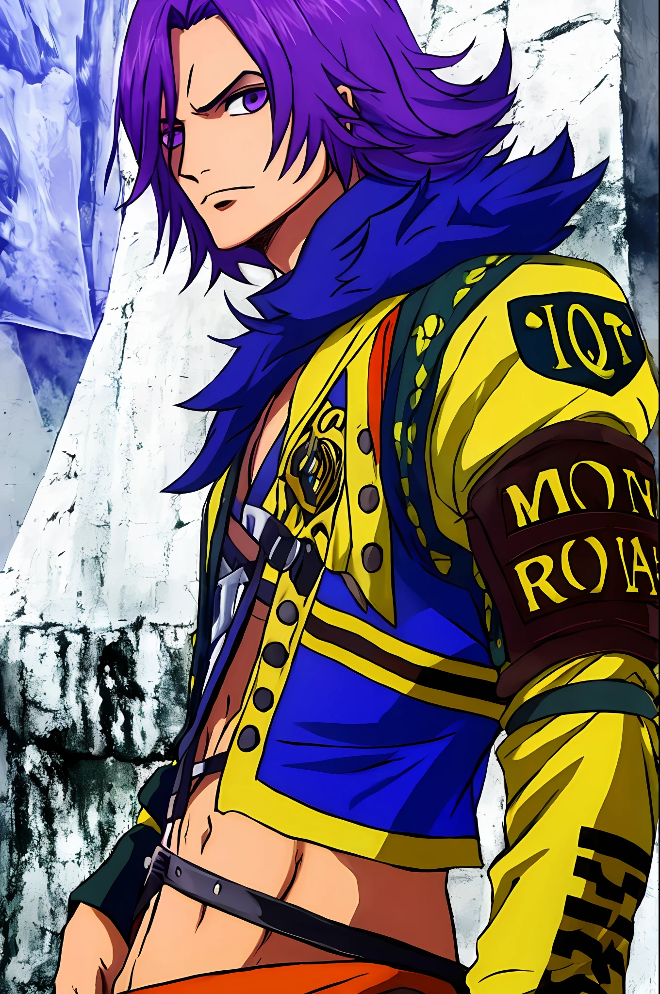 (((melhor qualidade))), ((obra-prima)), grading:seguro,adulto, a man with long purple hair standing with his arms crossed, ombreiras, cabelo roxo, cabelo longo, ((cabelo cacheado roxo)), corpo inteiro, foco masculino, 1boy, fundo simples, (((foco no rosto))), tapa olho no olho esquerdo