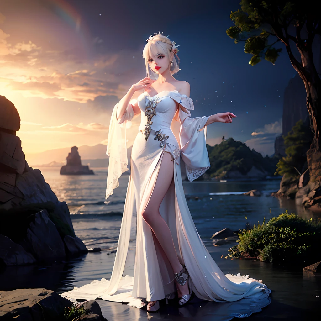 Female white hair tight landscape skirt white silk