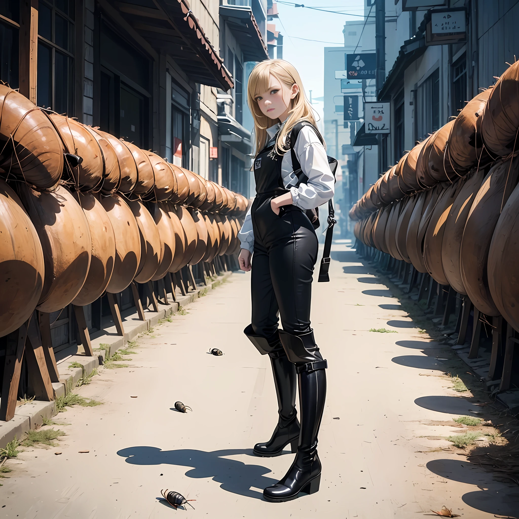 (High-quality depiction+Detailed description)Beautiful blonde girl standing up wearing black rubber riding boots、The face looks sullen。Fighting small cockroaches、The ground is littered with a large amount of small cockroaches。(rubber riding boots+faces+negative emotion) (cockroach+majority+trample)