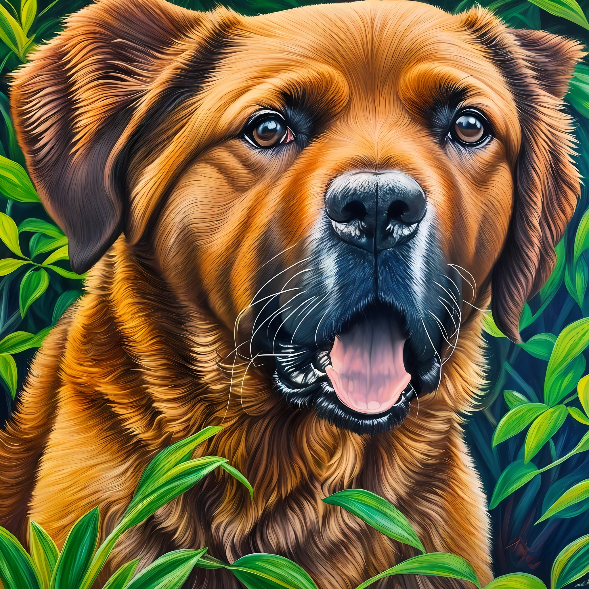 Cao labrador em um lindo jardim , muito sol, highes definition, 8k, pintura a oleo --auto