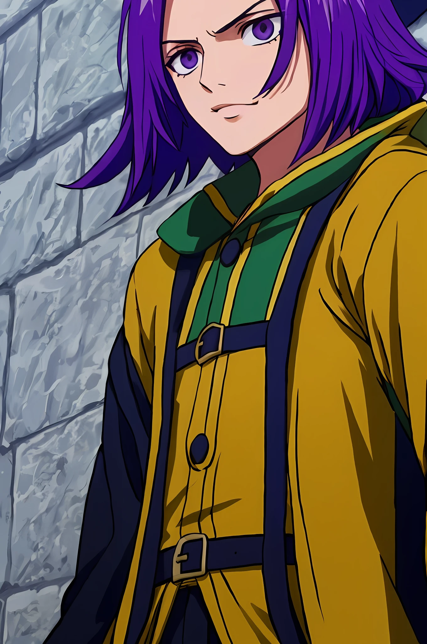 (((melhor qualidade))), ((obra-prima)), grading:seguro,adulto, a man with long purple hair standing with his arms crossed, ombreiras, cabelo roxo, cabelo longo, ((cabelo cacheado roxo)), corpo inteiro, foco masculino, 1boy, fundo simples, (((foco no rosto))), tapa olho no olho esquerdo, (((sorriso sereno)))