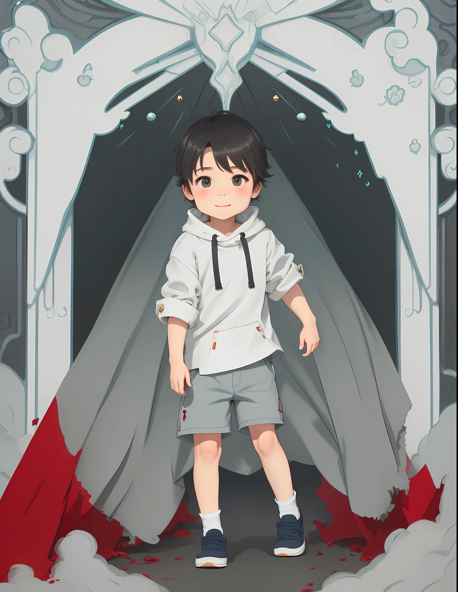 A five-year-old boy,The fair face is accompanied by a little redness,Clear eyes exude vitality,Dressed in a light gray cloth and shorts,It gives a sense of vitality。