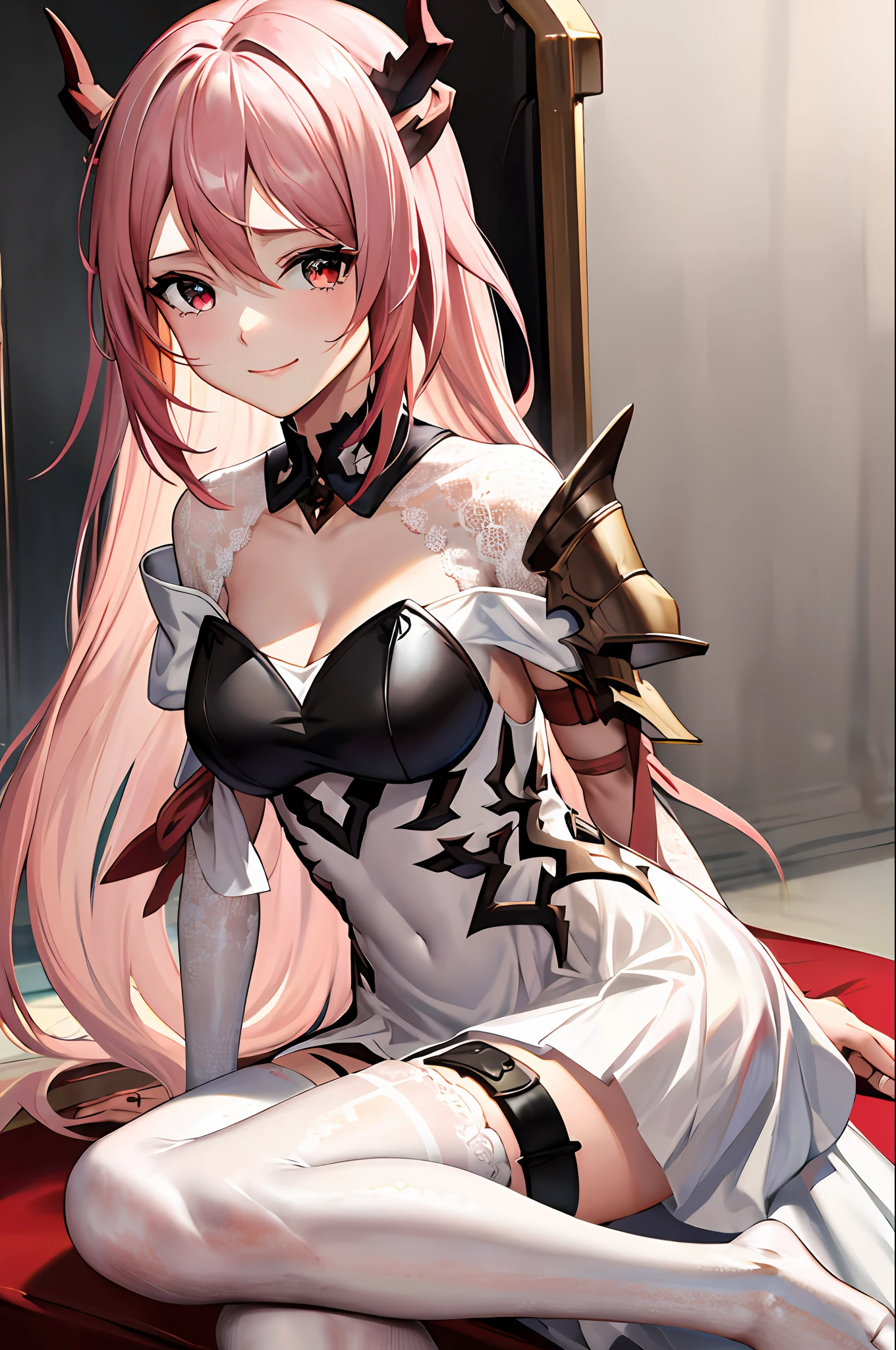 masterpiece, best quality, highres, 1girl, horns,(theresahead), (red eyes), (crying), white dress solo, shoulder armor, dress, very long hair, thigh strap, white dress, (holding big sword), (wearing steel greaves), (wearing steel gauntlets), (wearing chest plate), cleavage, pauldrons, white thighhighs, medium breasts, bangs, detached sleeves, sit on the chair, smiling, holding a cup of tea