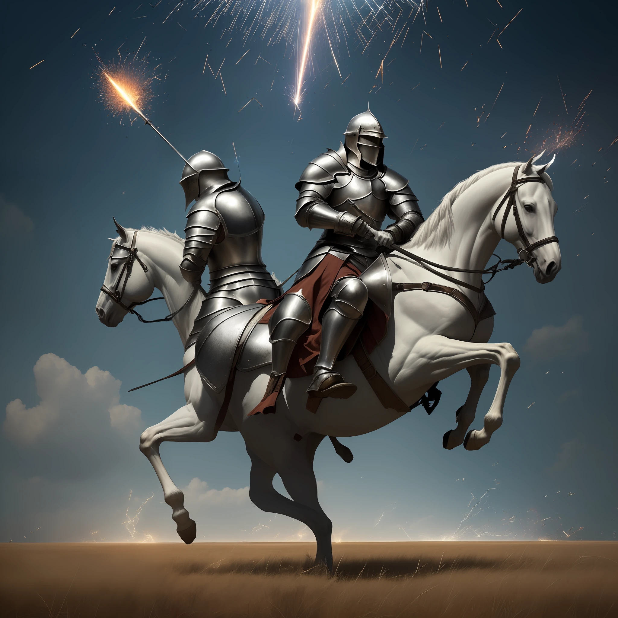((Medieval knights),(best quality,masterpiece, ultra-detailed, dynamic angle, dynamic pose),silver armor,riding a white horse,overlooking the vast prairie,sparks fly,crossed swords,feathered helmet,medieval war scenery,glorious,high saturation,heavy contrast) --auto