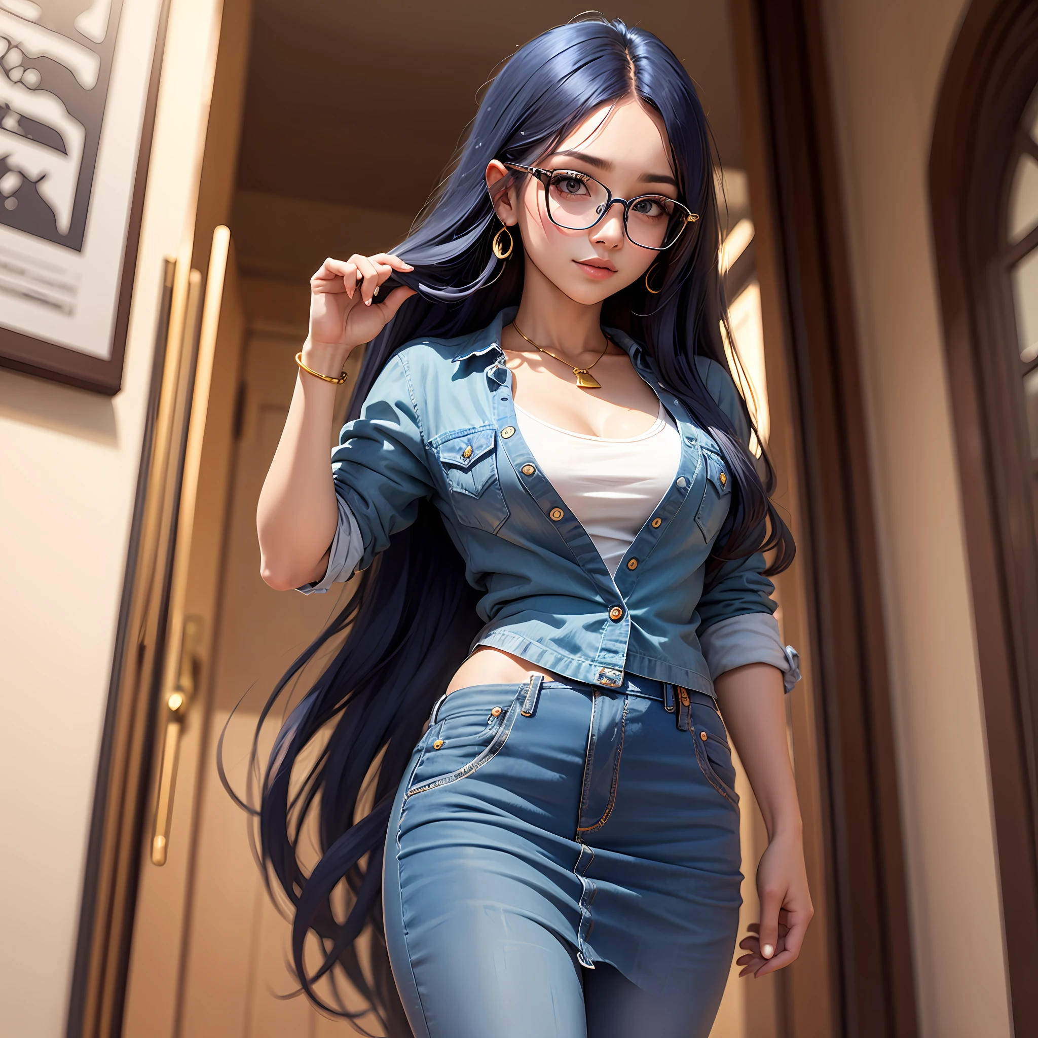 blue long hair，Gold-tone glasses， --auto