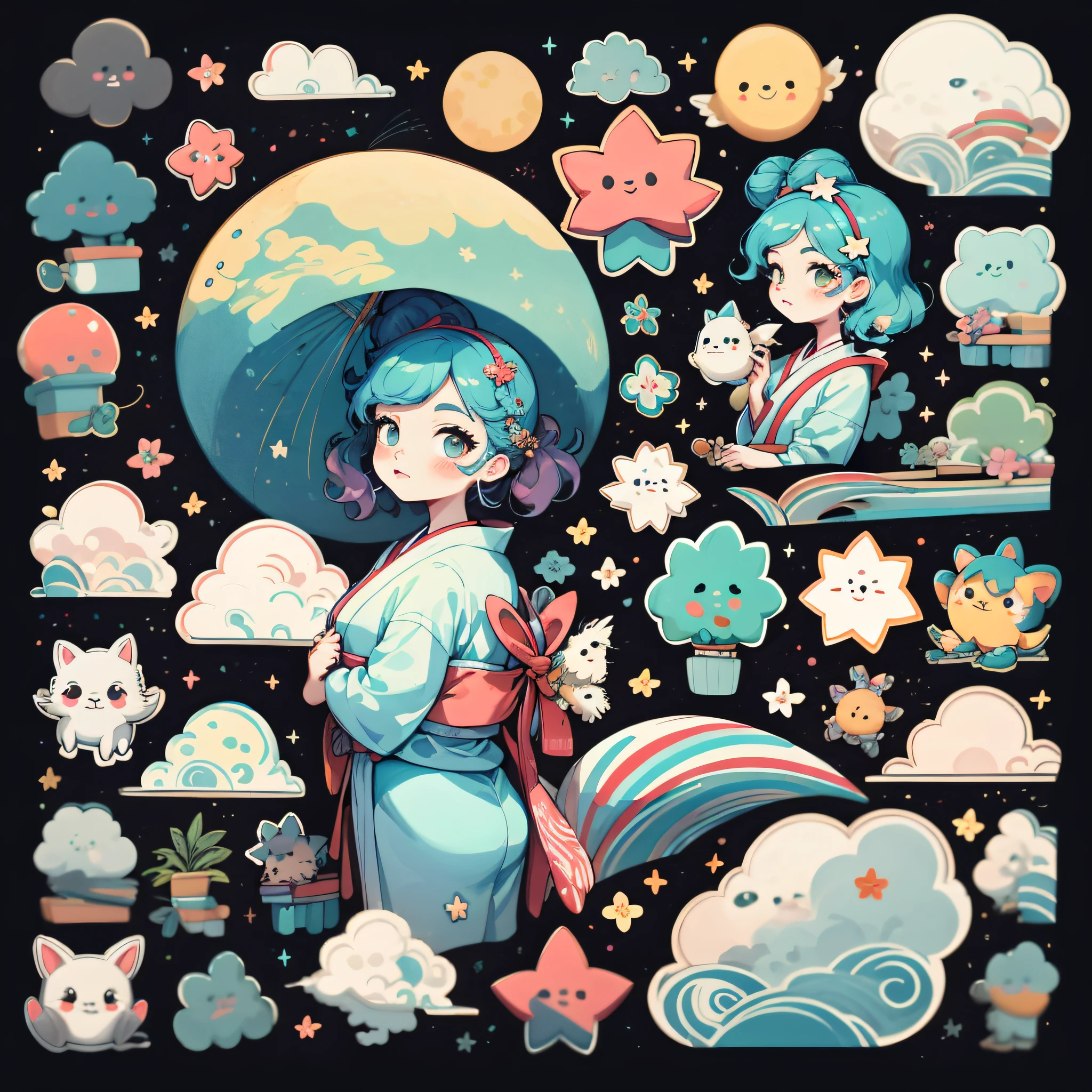 1 adesivo, nikkaze, (menina bonita), menina com cabelo ruivo, (quimono vermelho lindo), (gorgeous hair accessory), (Japanese Traditional Hairstyle), flores de cerejeira, nuvens, behind is a full moon, estrelas, fundo branco, fundo simples, minimum, bonito, tiny, cor pastel, estilo vetorial, sem gradiente
