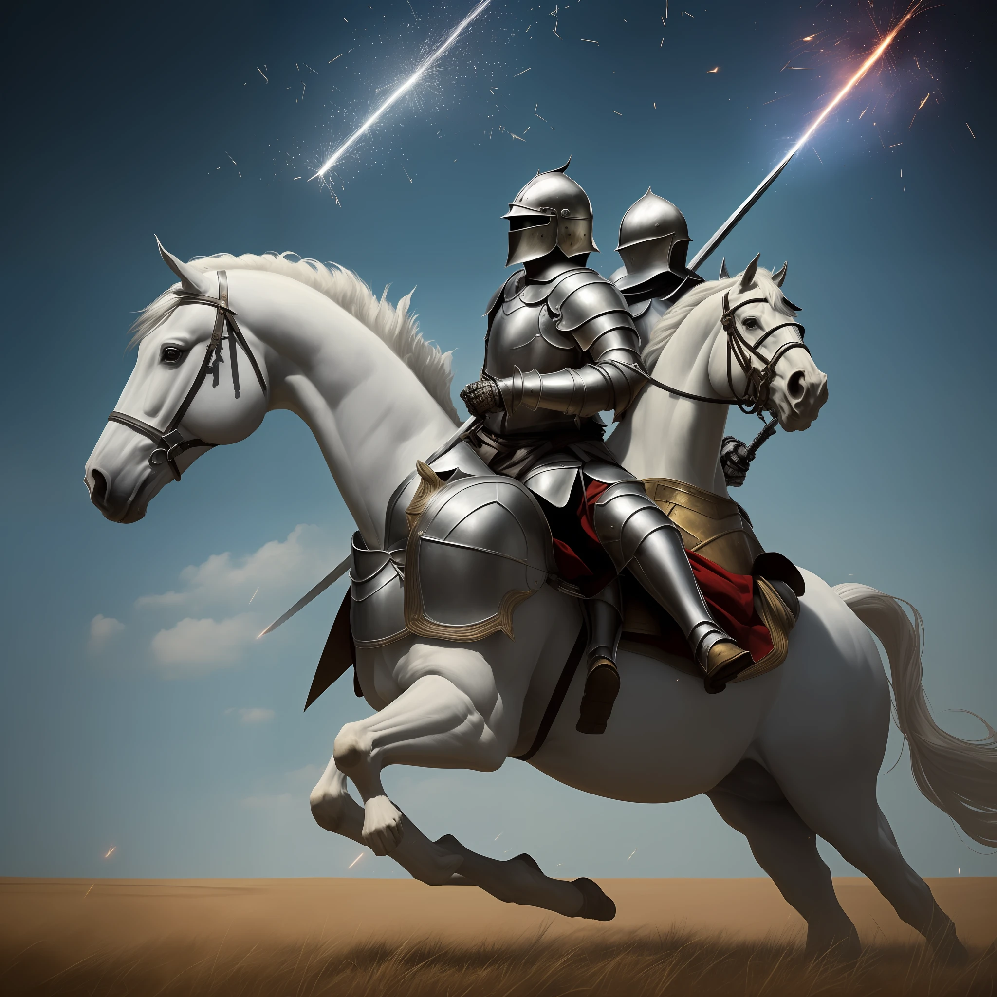 ((Medieval knights),(best quality,masterpiece, ultra-detailed, dynamic angle, dynamic pose),silver armor,riding a white horse,overlooking the vast prairie,sparks fly,crossed swords,feathered helmet,medieval war scenery,glorious,high saturation,heavy contrast) --auto