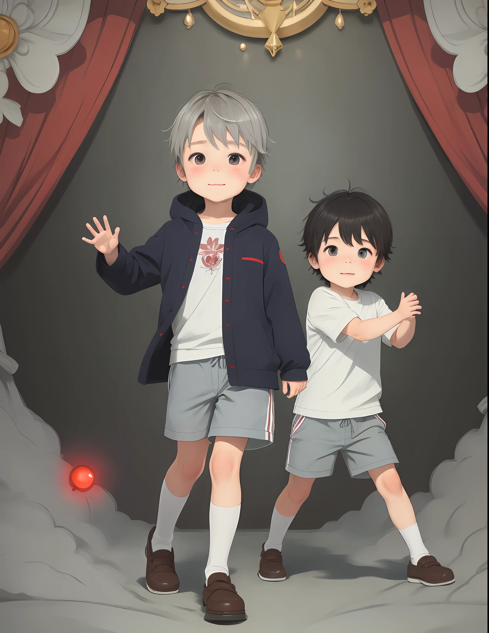 A five-year-old boy,The fair face is accompanied by a little redness,Clear eyes exude vitality,Dressed in a light gray cloth and shorts,It gives a sense of vitality。
