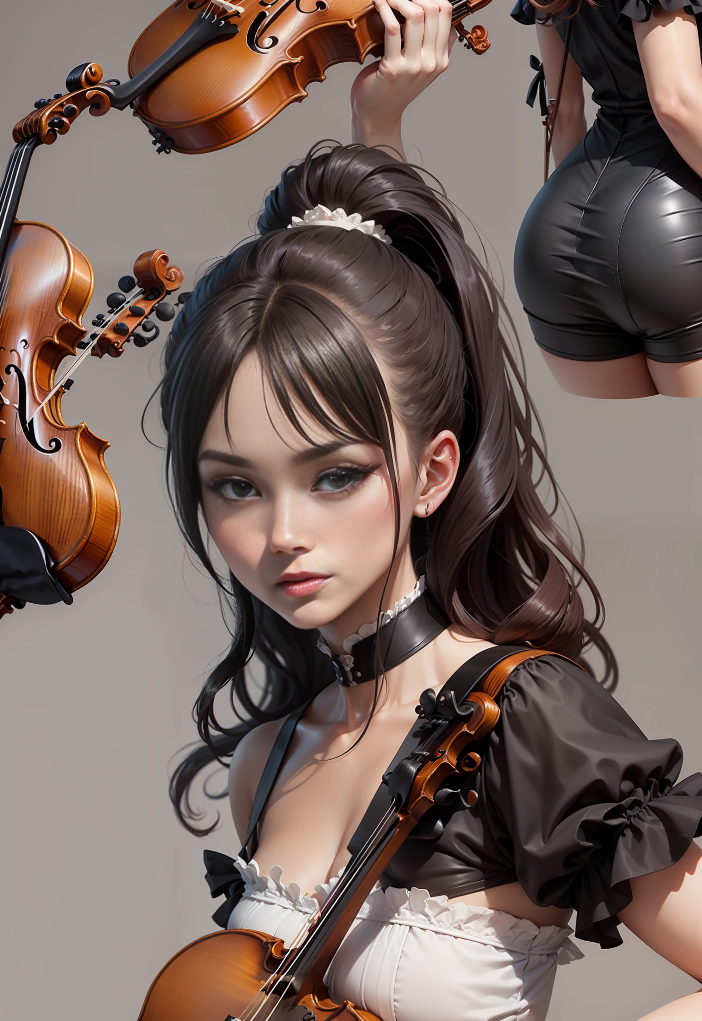 (character design:1.2,Average height,pretty face,Black high ponytail:1.1,Black eyes,blackstockings,Carry a violin, The weapon is a violin)