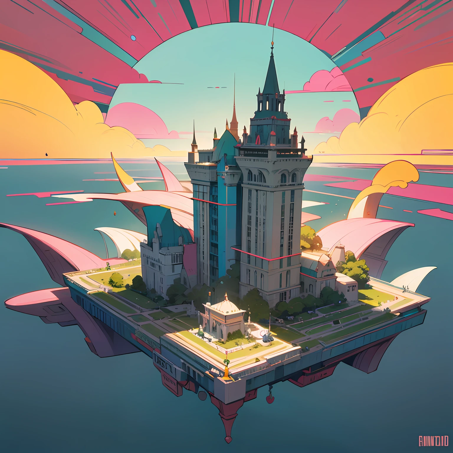 A kooky and whimsical image of a futuristic world, designed in Wes Anderson’s signature symmetrical style with high saturation colors. The world is populated by fantastical and unusual architecture, with towering spires and bulbous domes painted in bright pinks, greens, and blues. The buildings are laid out symmetrically, creating a sense of order and balance in the bustling metropolis. The sky is filled with airships and flying cars, moving in a sublime, labyrinthine pattern. AI-driven robots in sleek white hover around delivering parcels, while giant, luminescent sea creatures made of plastic float slowly through the sky. The colors in this utopia are rich and saturated, with pastel pinks and blues contrasting against vivid greens and yellows. Everything is meticulously arranged, as evidence by the neat rows of buildings and the orderly traffic in the sky. Overall, the image captures the essence of Wes Anderson's style, with its symmetry and bright, quirky design elements. It is a playful and whimsical representation of a futuristic world, where anything seems possible and the sky is the limit. --auto
