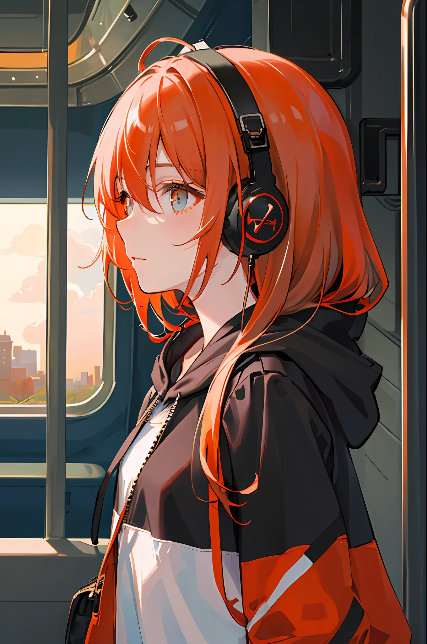 (masterpiece, sidelighting, ultra-detailed, finely detailed beautiful eyes: 1.2), 1girl, bag, building, from side, headphones, hood, hood down, hooded jacket, hoodie, jacket, long hair, orange hair, profile, red hair, solo, train, train interior, upper body, Masterpiece, best quality