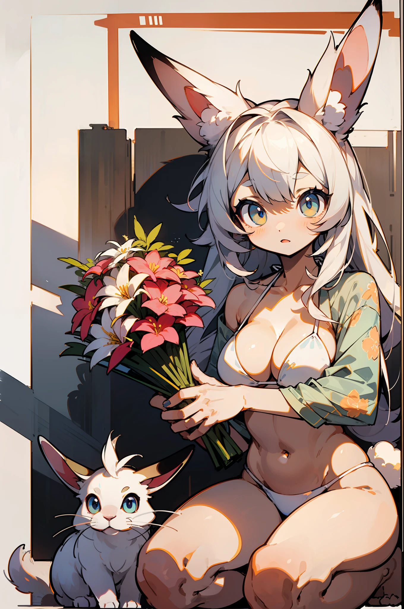 master-piece,hyper quality, hyper detailed,perfect drawing,1 Beautiful Girl、(((Holding a large bouquet)))、(((White bikini)))、((Rabbit ears))、((Rabbit tail))、Rabbit palm、Rabbit's foot、Rabbit's fingers、Big eyes with double eyelids、、white  hair、drooing eyes、Height 65cm、MeasurementsB95W60H90、fluffly、Kneeling、pow pause
