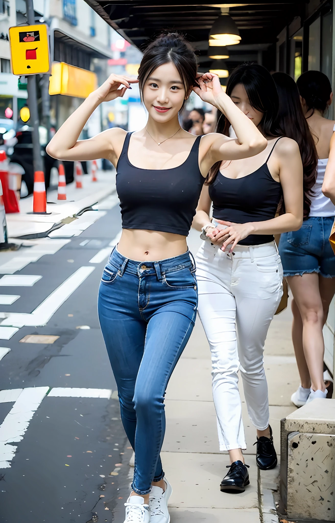 Street photo of a jeans girl shopping alone，wide wide shot，fully body photo，tmasterpiece，fashionable and trendy: beautiful and charming woman，gentle and lovely Chinese beautiful woman，Goddess of the East，delicate and sexy collarbones，Charming goose egg face，二重まぶた，flexible peach blossom eyes，Pink lips，Small upturned nose，Smile with dimples，Smile sweetly，exposed bare shoulders，focus face，closeup of face，hyper HD，Hyper-detailing，Perfect chest and bulge，big breasts thin waist，Skinny buttocks:1.2，Petite and skinny beauty，Slim thighs and calves，Fair toes，fully body photo，Black loose top ultra-thin translucent:1.0，Team it with these high-end label's white skinny jeans:1.5，Soft light color with fair and beautiful skin， Outstanding temperament，stocklings，ssee-through，Colorful canvas shoes:1.2，wide wide shot，fully body photo:1.8，Brush your hands through your hair:1.2，Clear armpits，Stylish headbands tied in hair:1.2