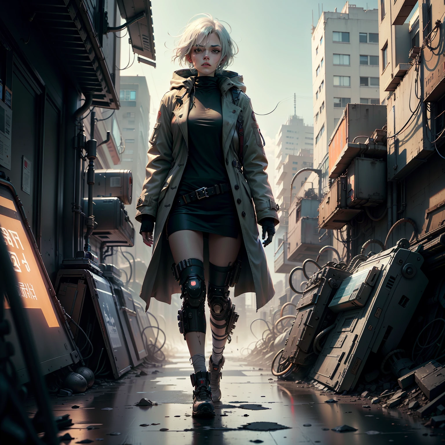 Anime style，Cyberpunk post-apocalyptic scenario，Fresh maiden，with short white hair，Wear an overcoat，Leg scars and loose bandages。I am walking leisurely through the streets，Surrounded by a scene of ruins of the city。Hint at the existence of high-end technology。 --auto